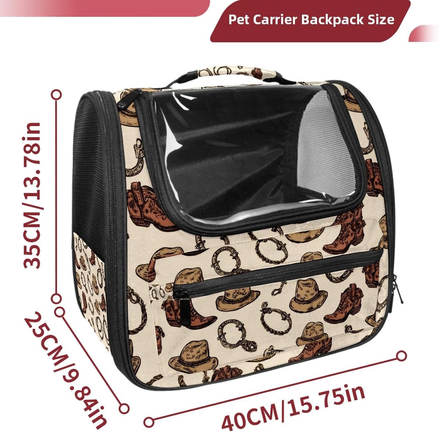 Cat Backpack Carrier for Small Dogs Cats, Soft-Sided Pet Carrier Backpack with Ventilated Mesh Windows and Safety Leash, Seamless Cowboy Hat and Horseshoe Wild West Pattern