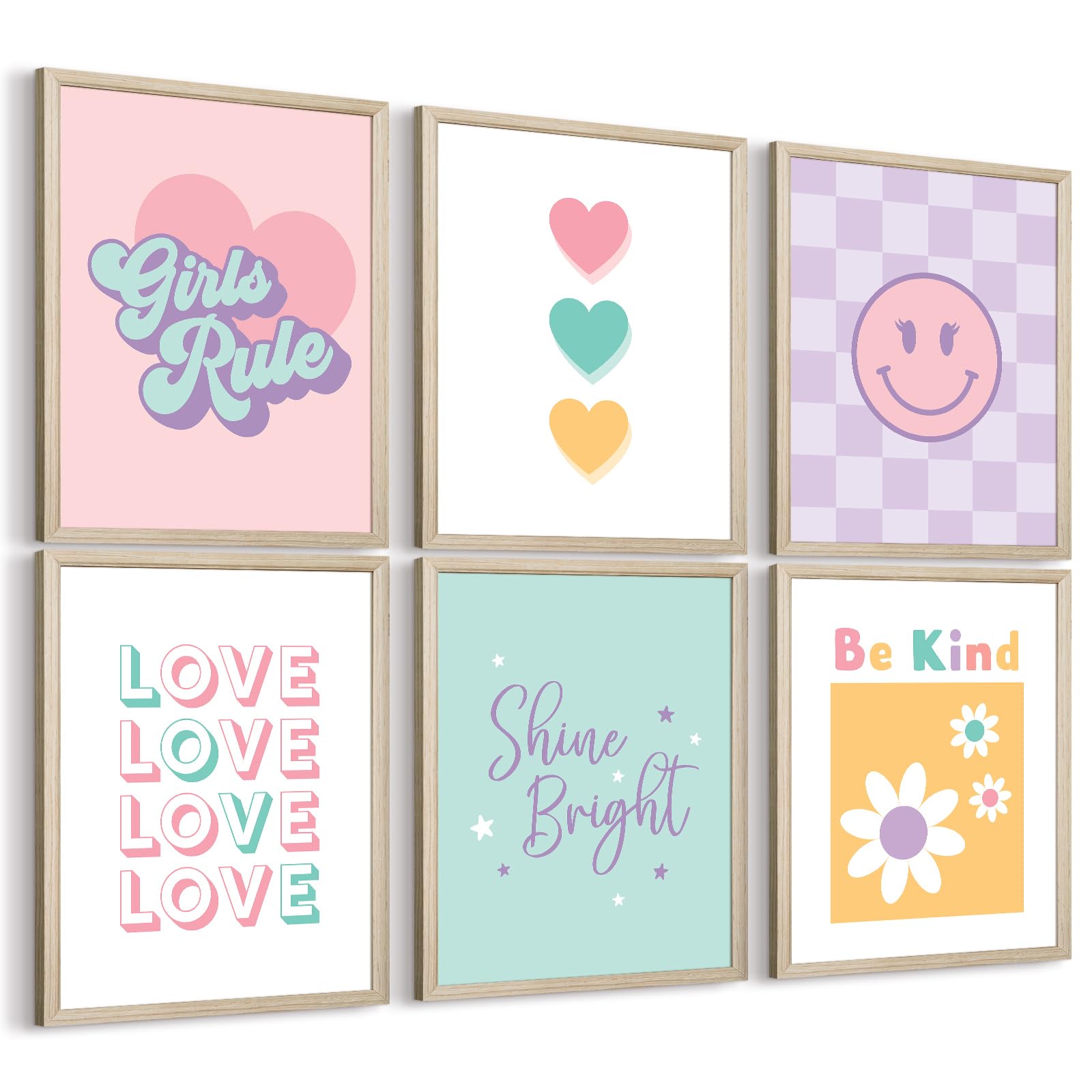 Girls Room Wall Art Kids Canvas Poster Nursery Wall Decor Pink Colorful Prints Baby Toddler Pictures Teen Girl Rule Artwork Love Smile Painting for Bedroom Playroom 12x16 Inch Wood Framed