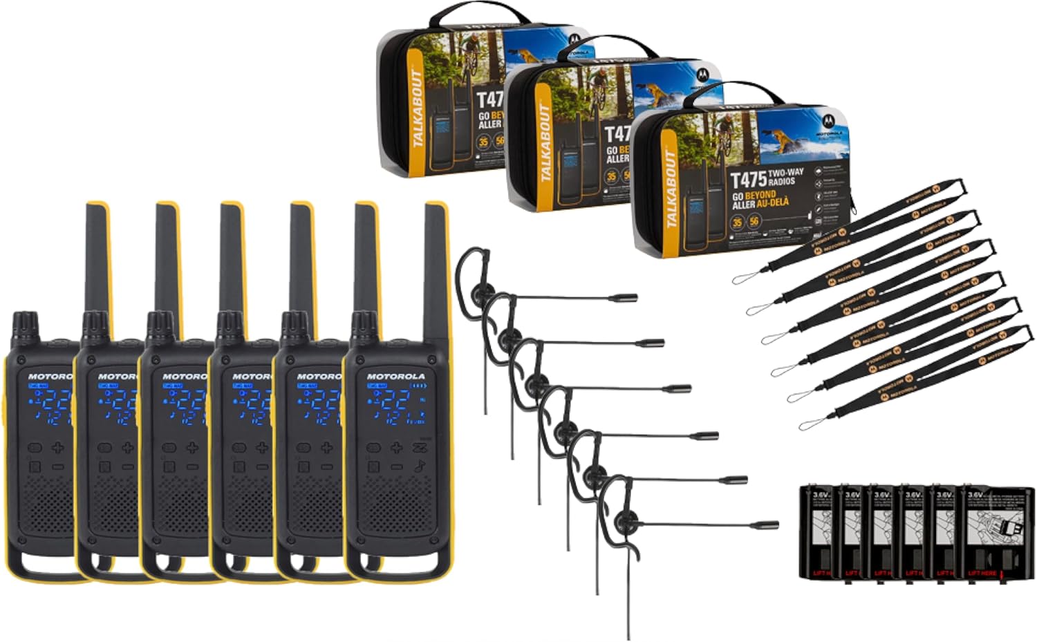 Motorola Talkabout T475 Two Way Radio 6-Pack Walkie Talkies Black/Yellow 22 Channels PTT Earpieces Carrying Case Rechargeable