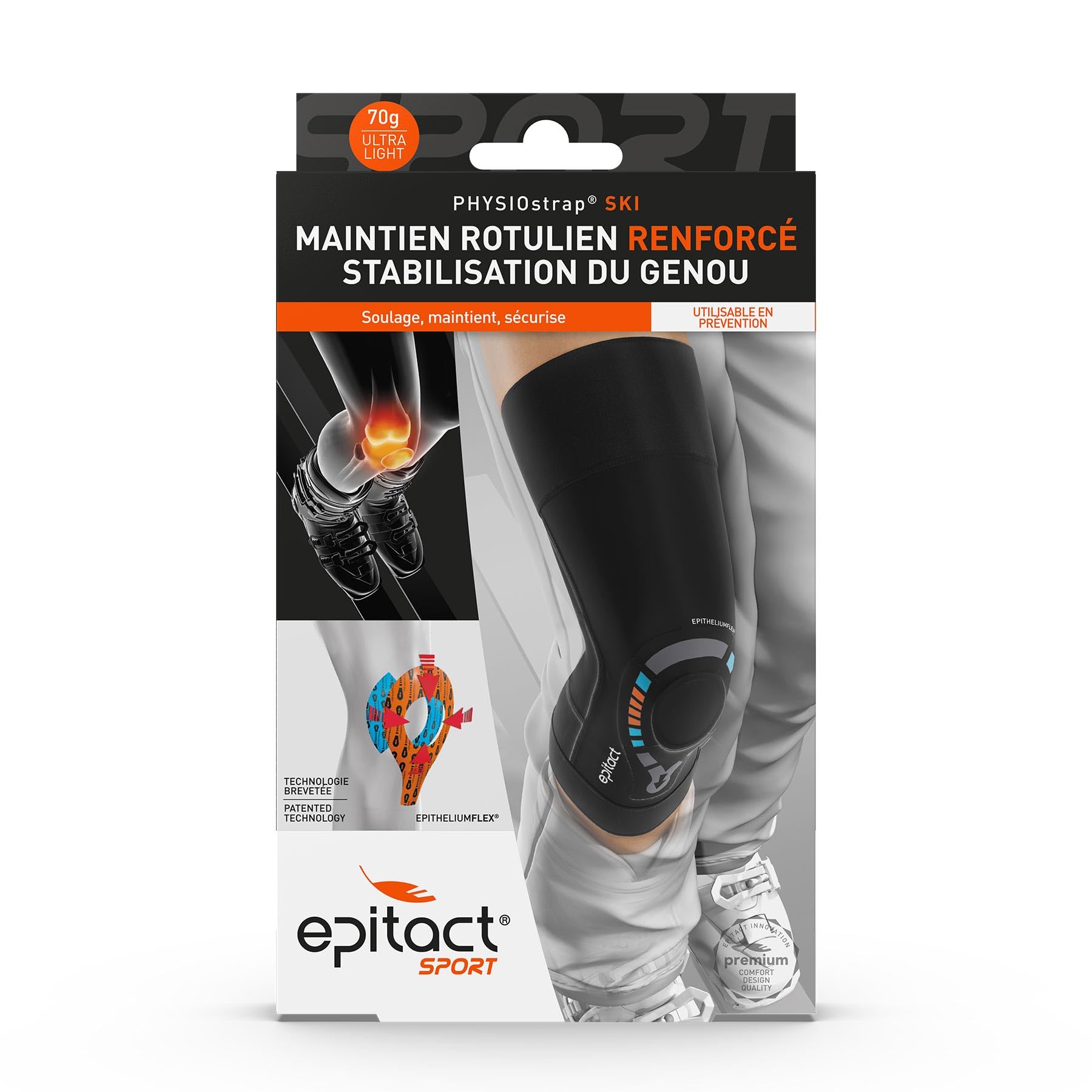Epitact | Genouillère Physiostrap® Ski | Genou Fragile et Douloureux | Soulage et Sécurise le Genou, Maintien Rotulien Renforcé | Ultrafine, Souple, Légère | Tenue optimale | Innovation Française (S)