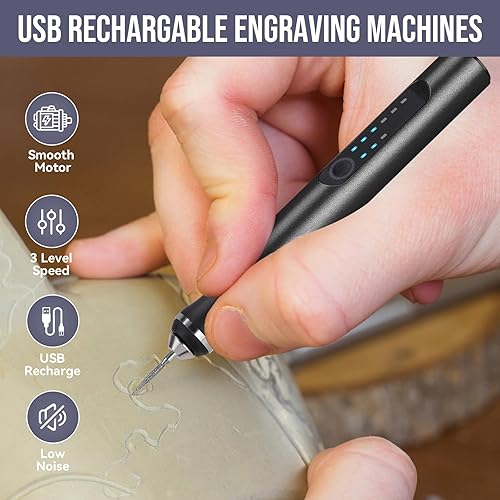 Miniatura 6 de Bolígrafo de grabado eléctrico con 37 bits, máquina de grabado inalámbrica recargable por USB, grabador giratorio portátil para joyas, madera,
