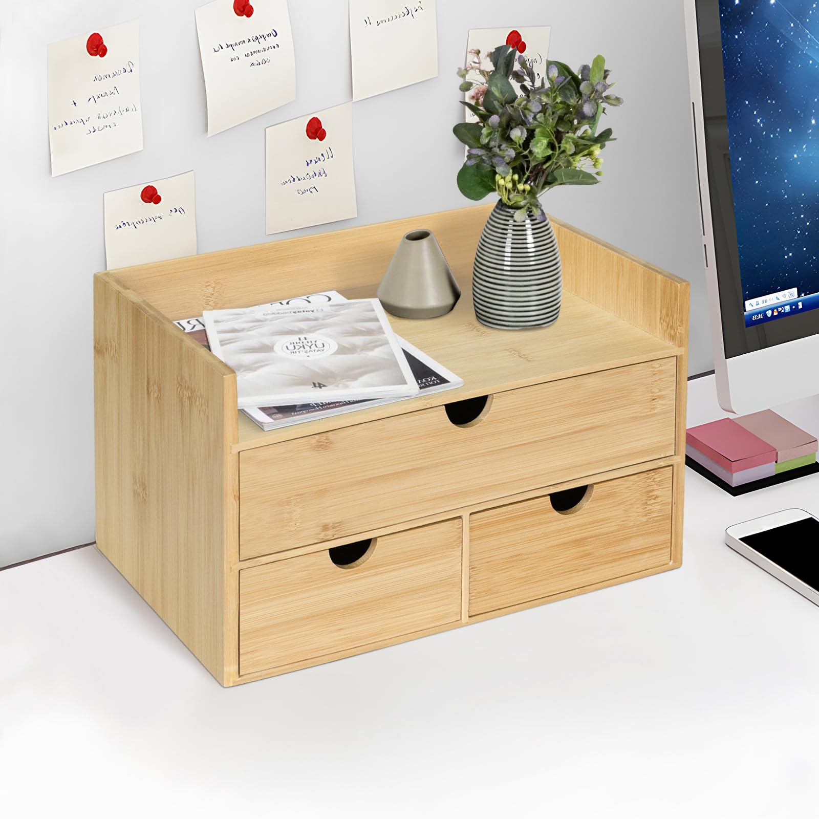 Schreibtisch-Organizer aus Bambus, Schreibtisch-Organizer mit 3 Schubladen, Tisch-Aufbewahrungsbox für Rechnungen, Arbeitsplatte, Heimbürobedarf