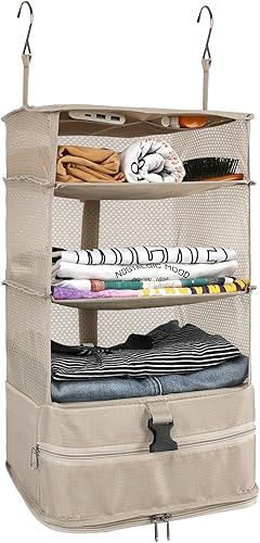 Surblue Bolsa de almacenamiento plegable de 3 estantes de tela Oxford lavable con 2 ganchos (largo x 11.41 x 11.41 x 19.68 pulgadas, beige)