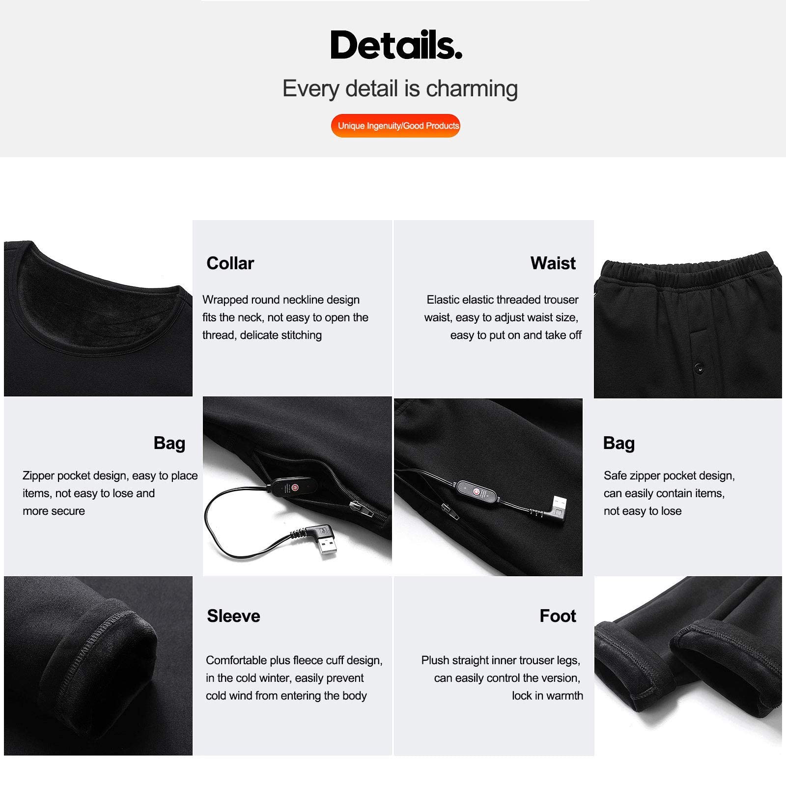 Tuta intima riscaldata a 6 aree, abbigliamento invernale per uomo/donna per il riscaldamento invernale all'aperto, camicia e pantaloni con carica termica per il riscaldamento USB (Nero S) (Nero S