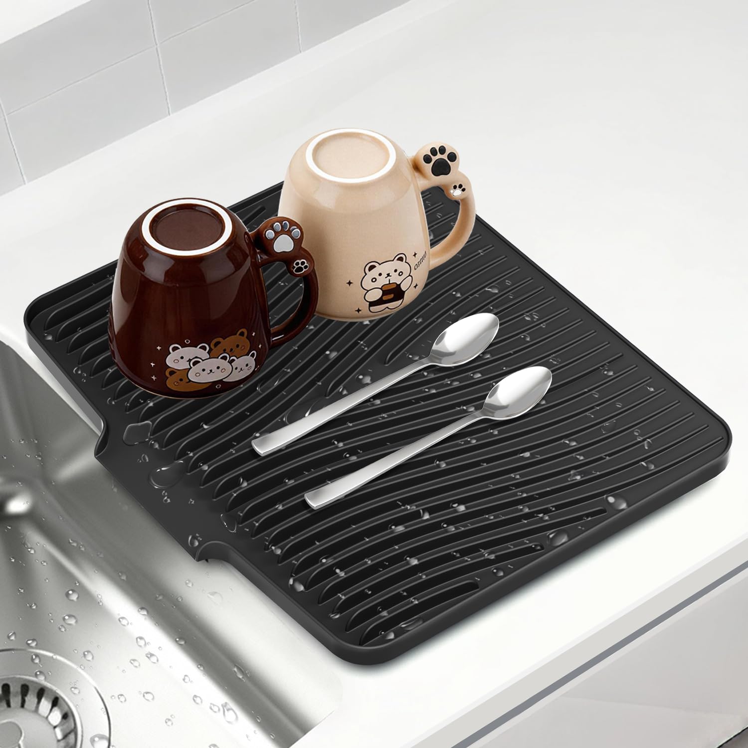 Silicone Dish Drying Mat for Kitchen Counter, Non-Slip Drain Pad, Dish Drying Pad, Easy to Clean Dish Rack Pad, Multi-Use as Heat Resistant Trivet, 15.8" x 13" , Black