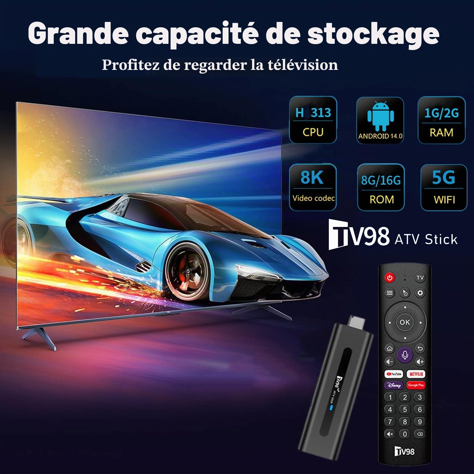 Android 14.0 TV Box, clé de streaming 8 K, 2 Go de RAM 16 Go de ROM, double WiFi 2,4 G/5,8 G, HDMI, 4 K HDR, télécommande vocale, lecteur de films 3D, convient pour les boîtes TV Android ou les clés