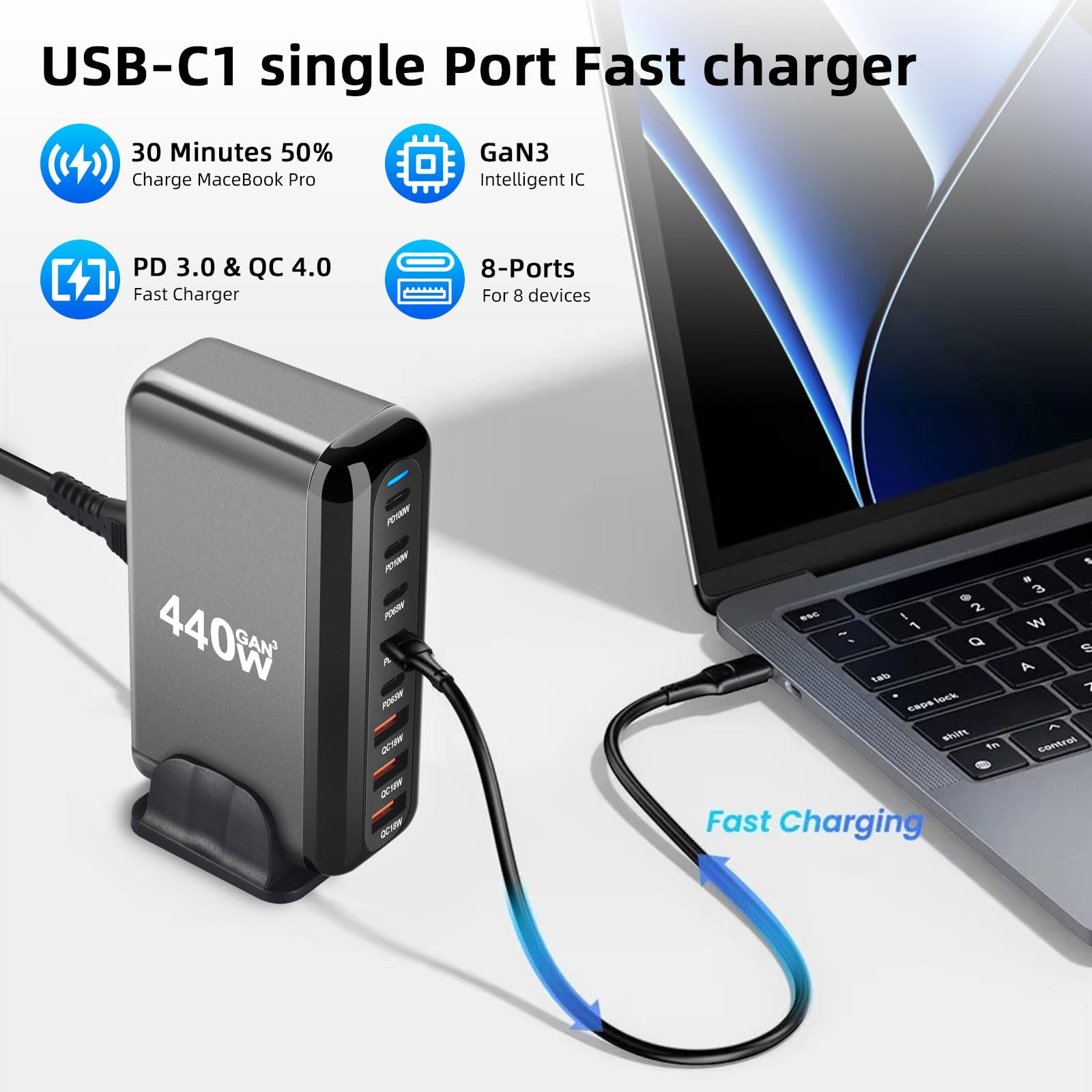 ARCELI Ładowarka USB C 440 W, 8 portów, GaN III, ładowarka USB C z 5 x USB-C PD + 3 x USB-A QC4.0, szybka ładowarka do telefonów 16/15/14 Pro Max, Samsung Galaxy, MacBook, Pad, laptop
