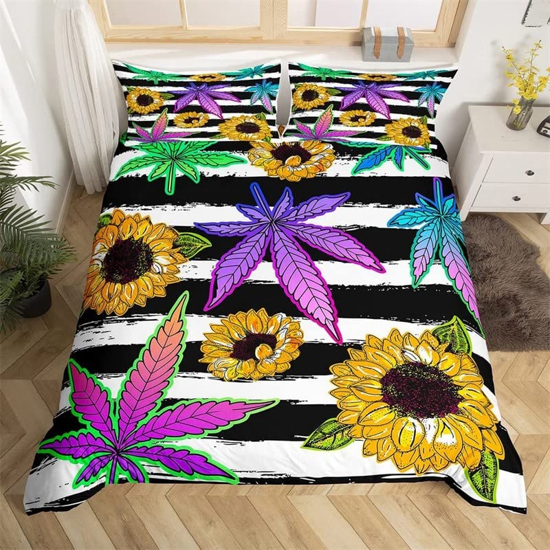 Pokrowiec Nordica Łóżko 150 - 220x240 cm Kolorowy liść konopi, miękkie mikrofibry poszewki na kołdrę zestaw pościeli z zamkiem błyskawicznym + 2 poszewki na poduszki 50x75 cm