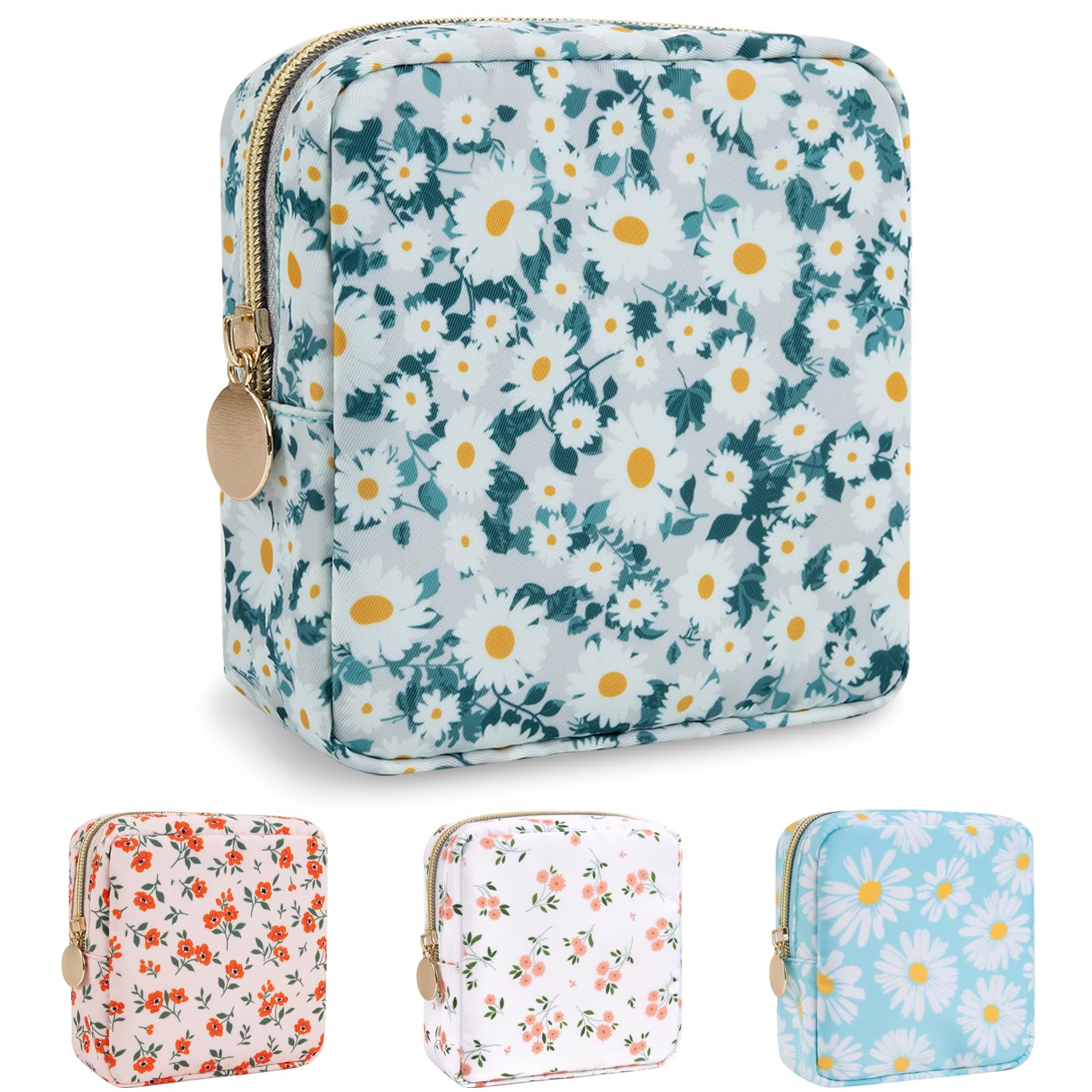 Nylon Mini Floral Makeup Bag for Purse, Small Cute Travel Makeup Bag Preppy Flower Cosmetic Zipper Pouch, Waterproof Coin Pouch Sanitary Napkin