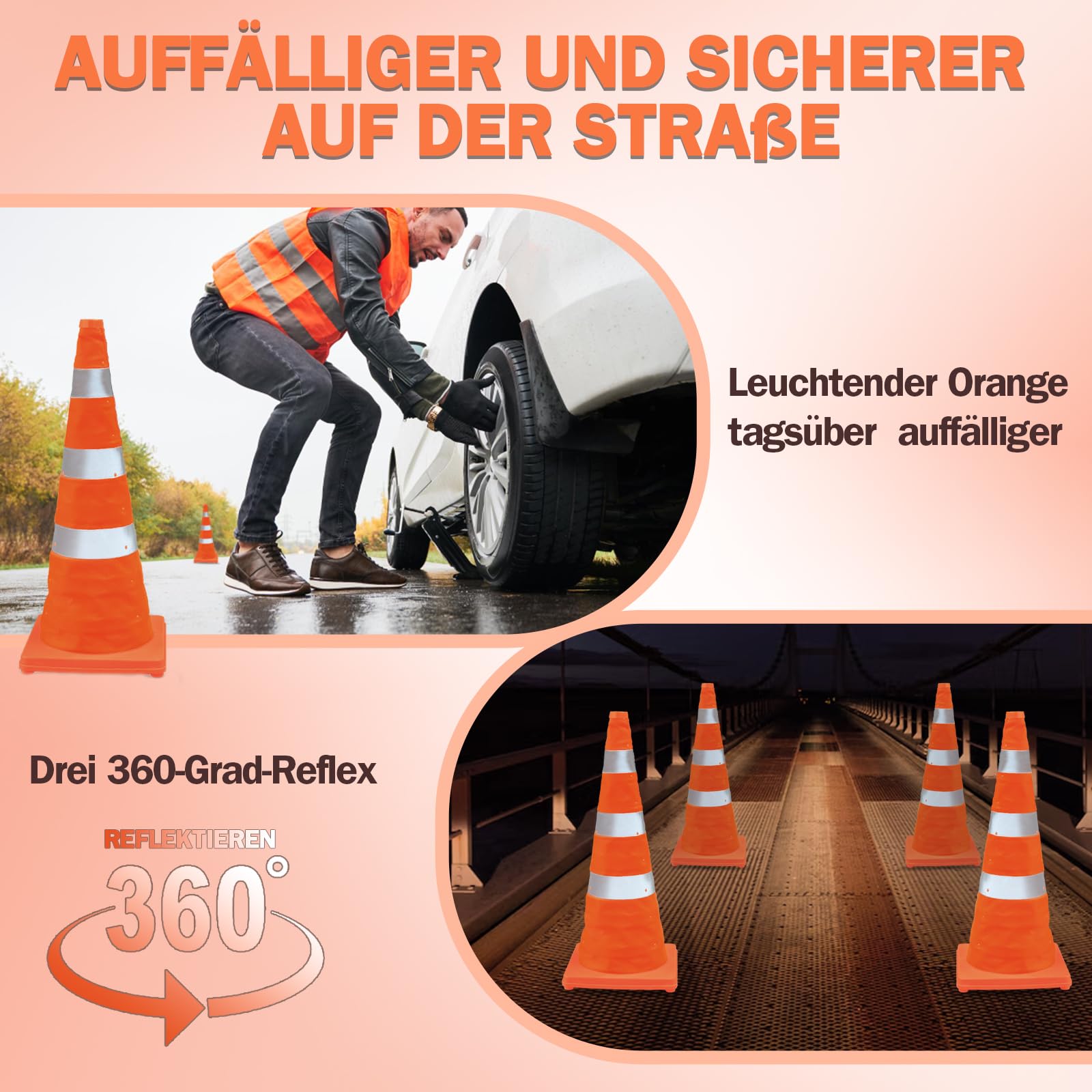 Valchoose 4 Stück Pylonen Faltbar, Verkehrskegel (70 cm) mit Reflektierenden Kragen – Orange Leitkegel Faltbar, Verkehrshütchen für Baustellen, Parkplätze & Sportmarkierungen