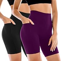 Leafigure 2 Pack Women's High Waisted Biker Shorts with Pockets - Squat Proof Yoga Gym Running Active Shorts