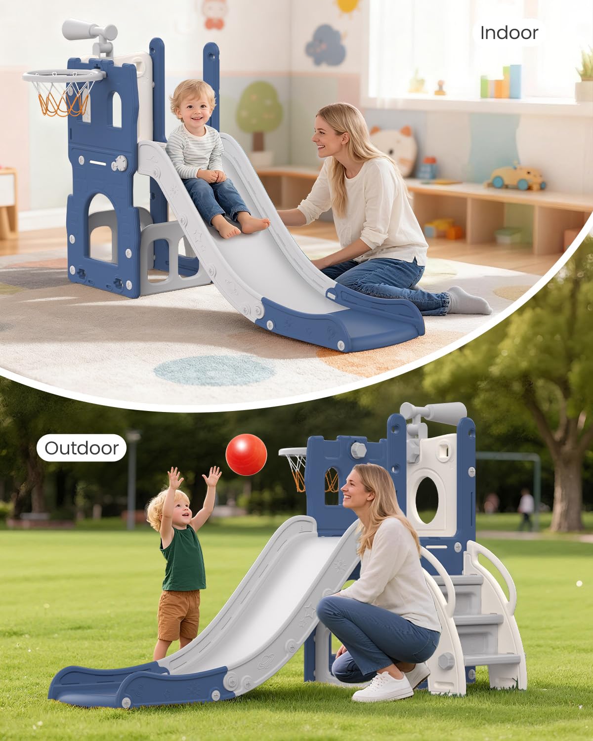 Scivolo per Bambini, 5 in 1 Scivolo per Interni ed Esterni, Parco Giochi per Bambini con Canestro da Basket, Spazio di Archiviazione e Telescopio, Parco Giochi per Bambini da 1 Anno, Blu