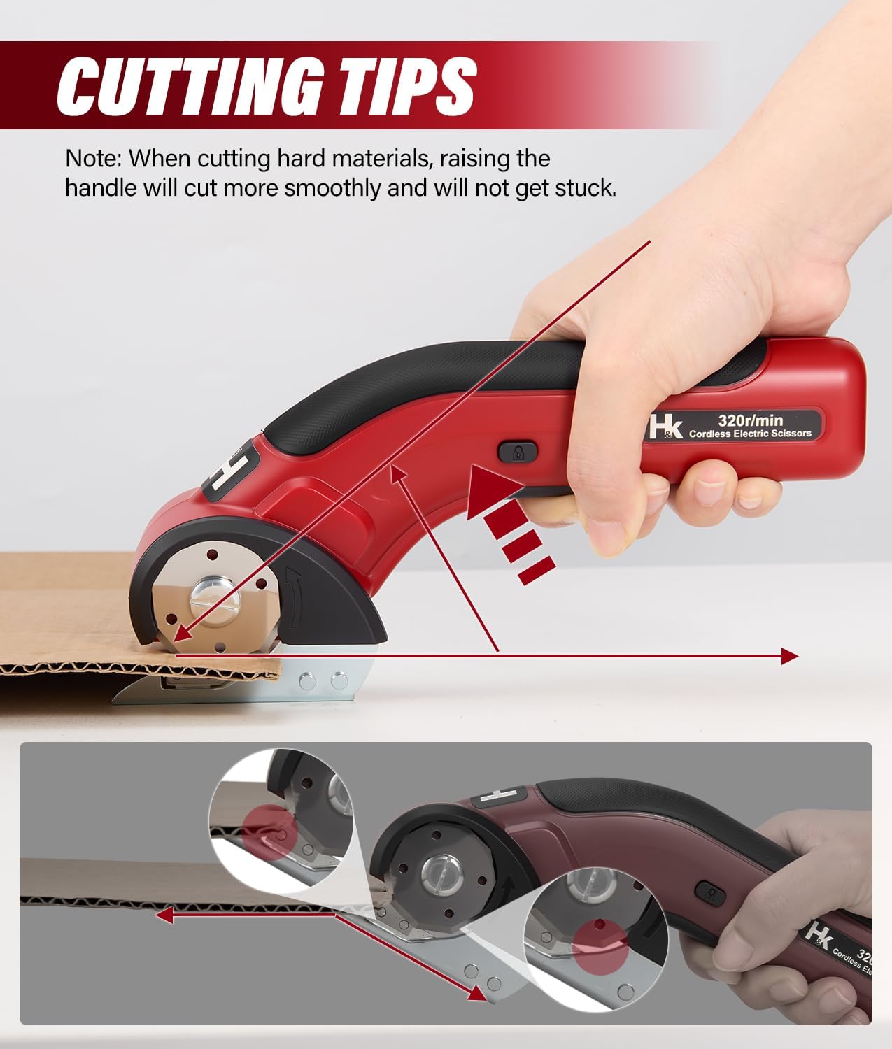HK Cordless Electric Scissors, 4V Rechargeable Cardboard Cutter, 2000mAh Battery, with Safety Lock, 2 Blades, Box Cutter for Fabric Carpet Carton Plastic Leather Cloth