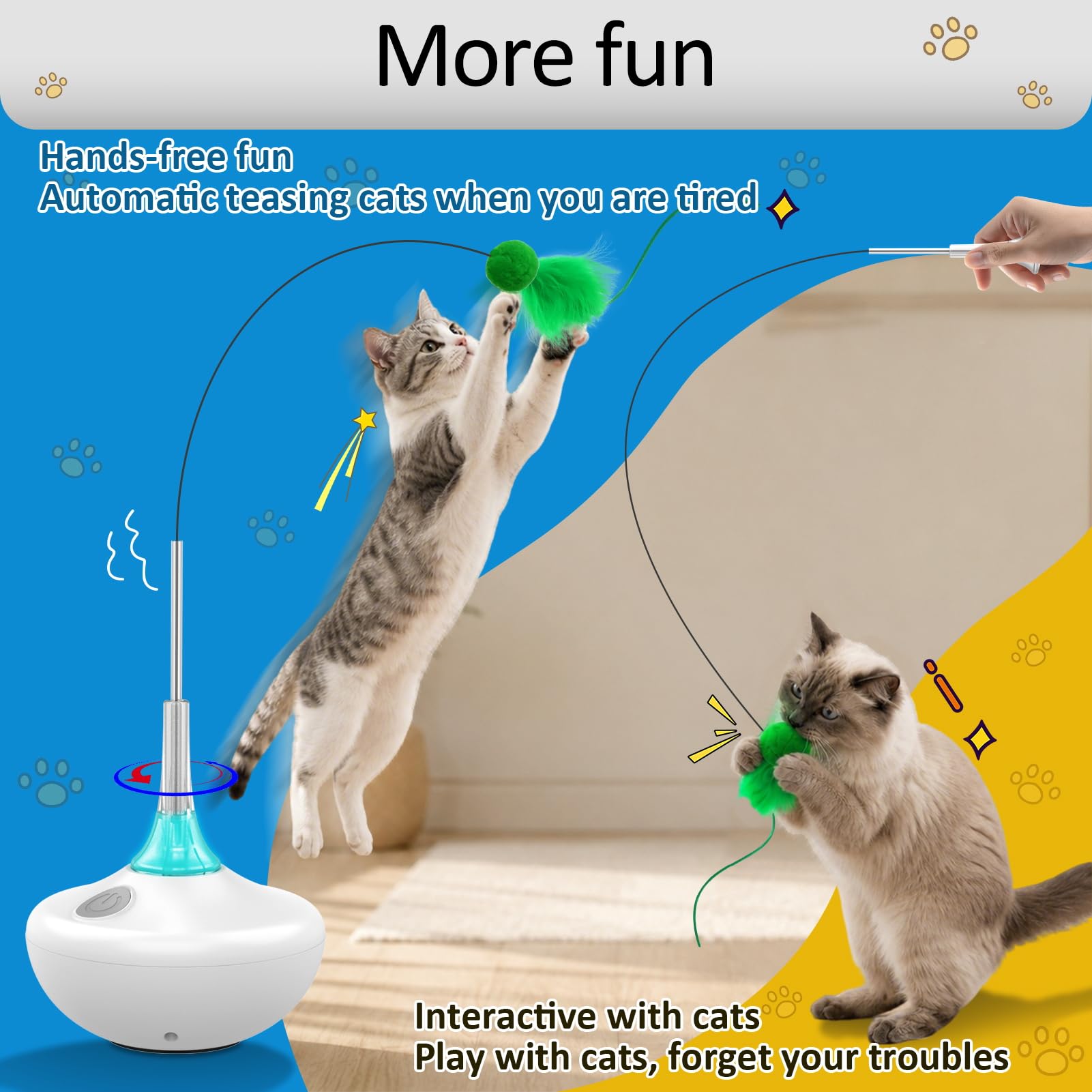 Juguete interactivo para gatos con activación táctil, cintas voladoras de giro automático, juguetes de plumas para gatos de interior, varita de palo de 26 pulgadas, recargable