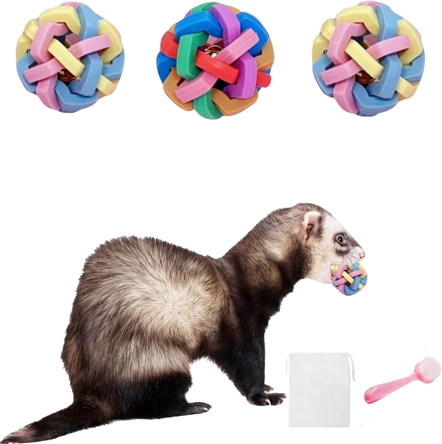 3Pcs Ferret Cat Ball Toys – Colorful Bouncy Rubber Interactive Ball with Bell, Ferret Exercise Scratch Chew Toys for for Indoor Pet Ferret Cat Dog Bunny