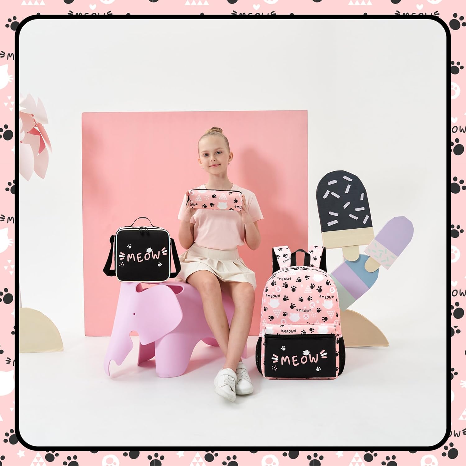 Backpack for School Kids Backpacks for Girls Bookbag Set Backpacks for Teen Girls with Lunch Box Pink Cat Preppy Backpack for School