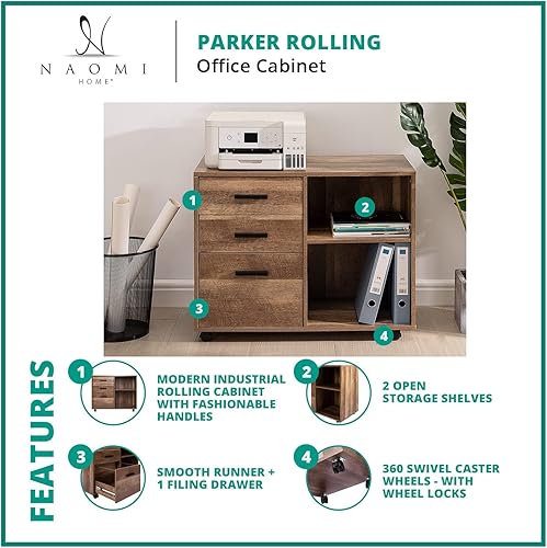 Miniatura 4 de Naomi Home Cómoda de 5 cajones con gabinete de 2 estantes, negro envejecido, almacenamiento inteligente con divisores ajustables, ruedas con