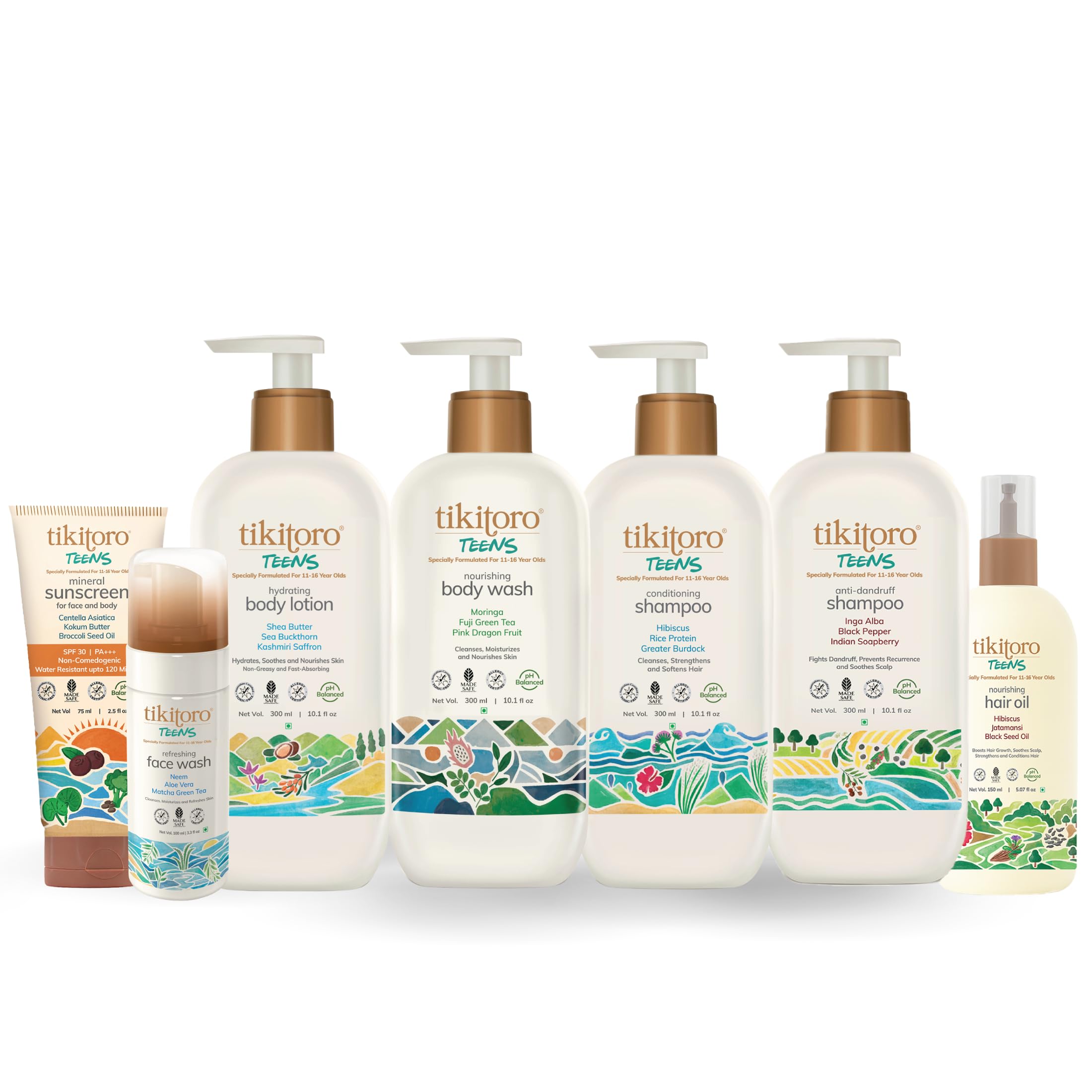 Tikitoro Teens Total Care Combo With Nourishing Body Wash, Conditioning and Anti Dandruff Shampoo, Hydrating Body Lotion, Refreshing Face Wash, Hair Oil, & Sunscreen (11-16 Years) (Pack of 7)-image-21