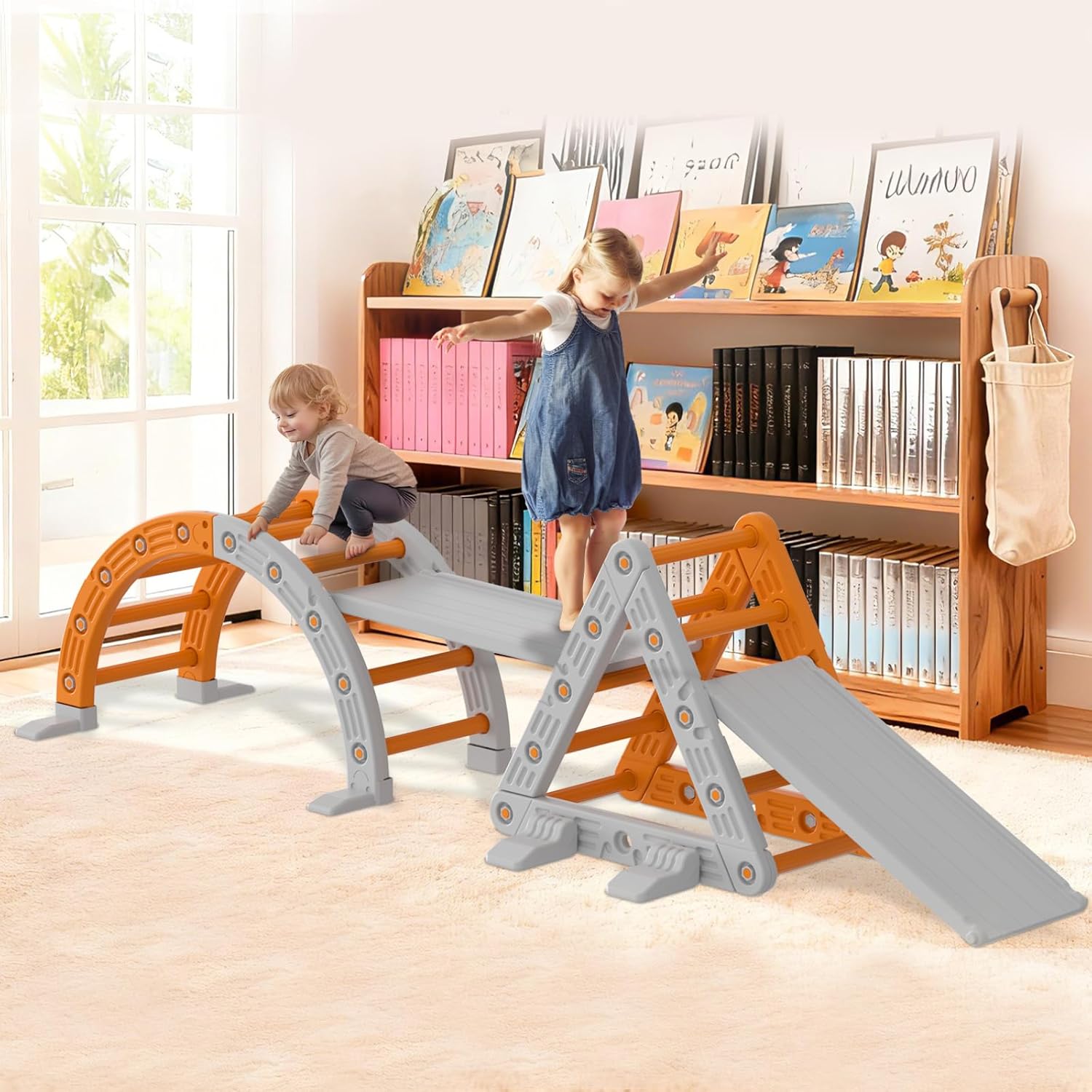 GarveeHome Toddler Climbing Toys Indoor, Premium HDPE & PP Jungle Gym Playset with Arch, Ramp, Triangle Ladder & Slide, Baby Climbing Toys for Kids Indoor Playground,Orange & Gray