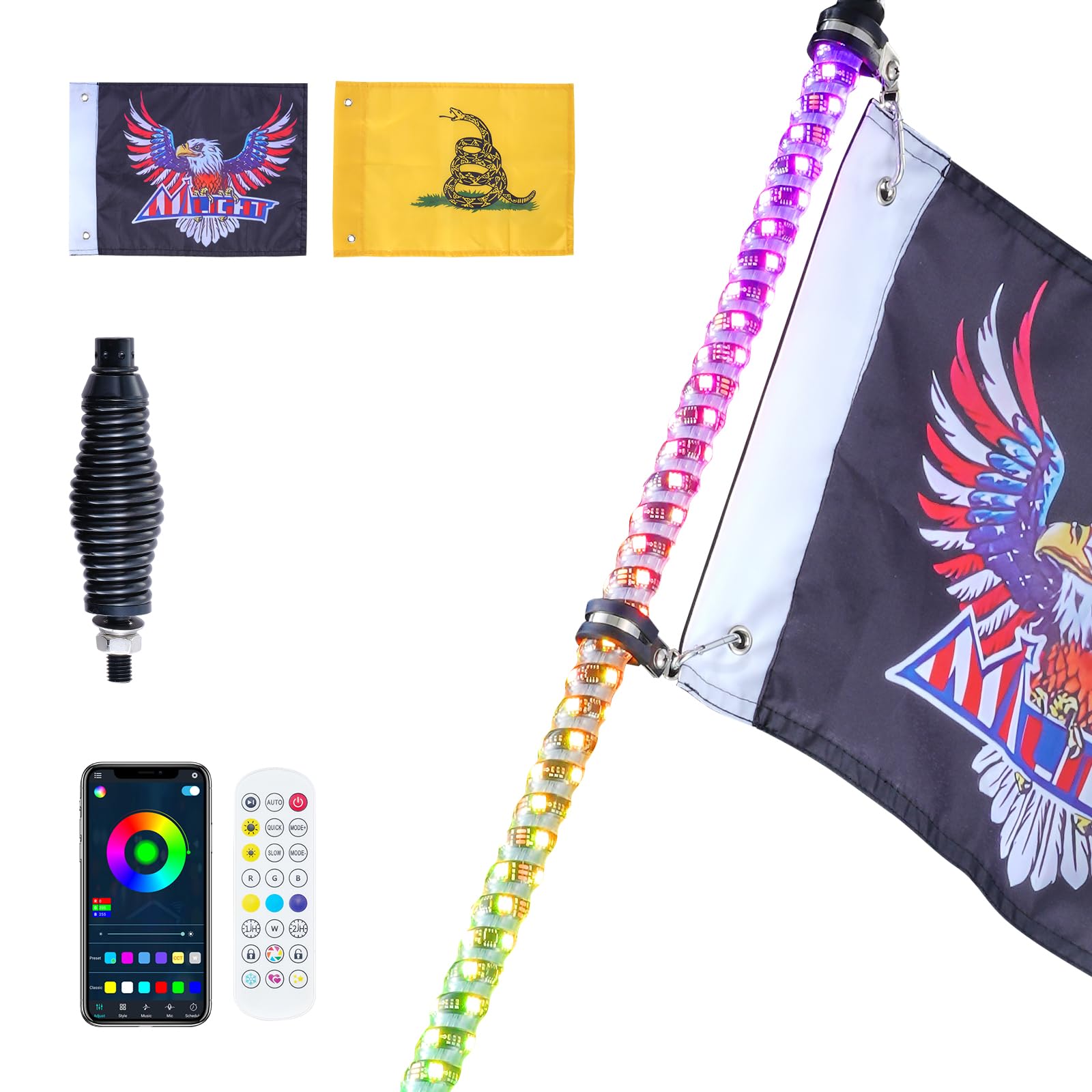 VEVOR Fouet Lumineux LED de 91 cm avec Base à Ressort, Télécommande APP et RF, Étanche à 360° en Spirale RVB avec 2 Drapeaux, Éclairage pour UTV, VTT, Motos, RZR, Camions, Tout-Terrain, 1 Pièce