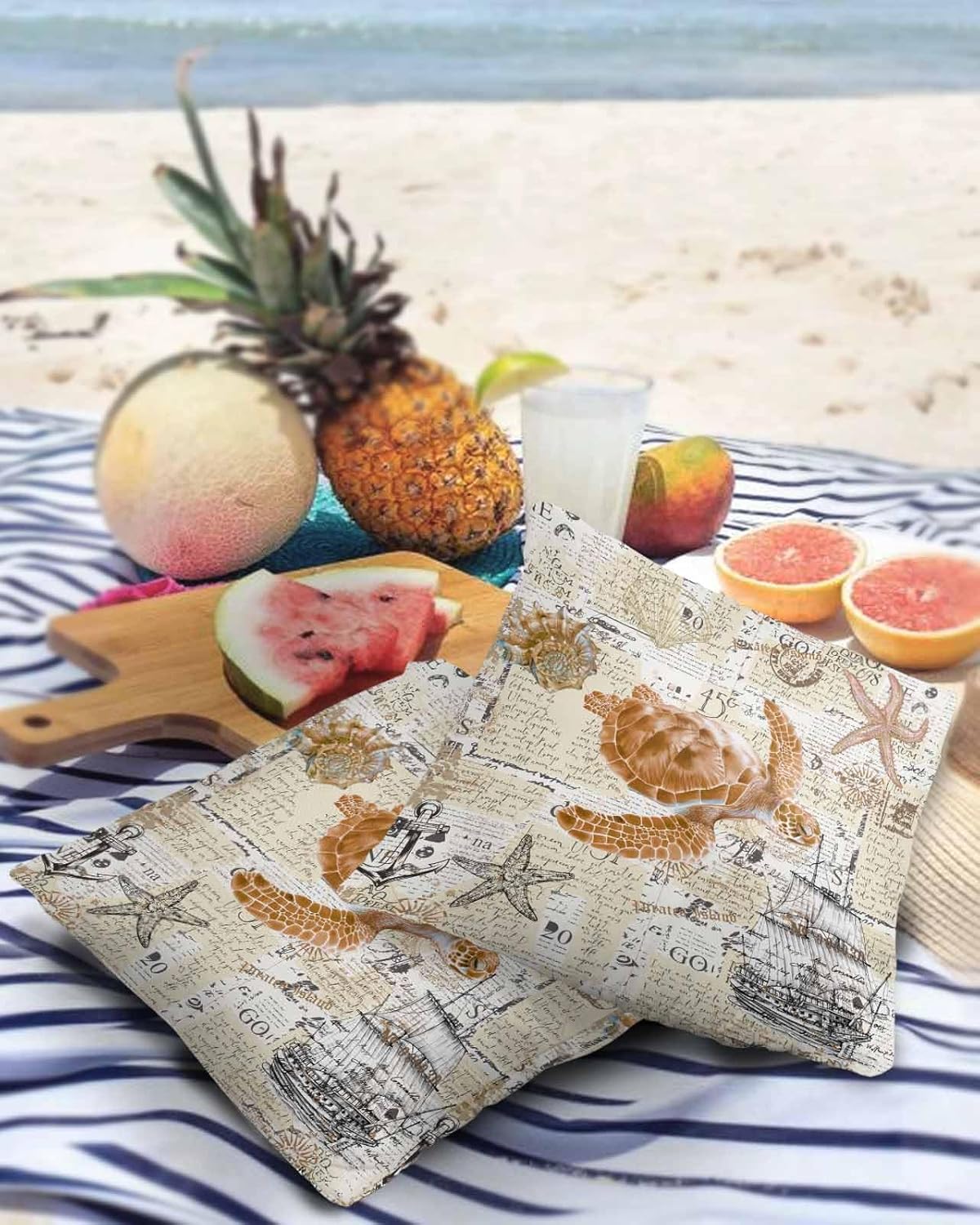 Outdoor Throw Pillow Case Summer Vintage Ocean Turtle Starfish,Waterproof Pillow Cover Soft Pillow Protectors,Nautical Sailing Ship on Letter Pillowcase for Sofa Couch Seaside Picnic RV Vacation
