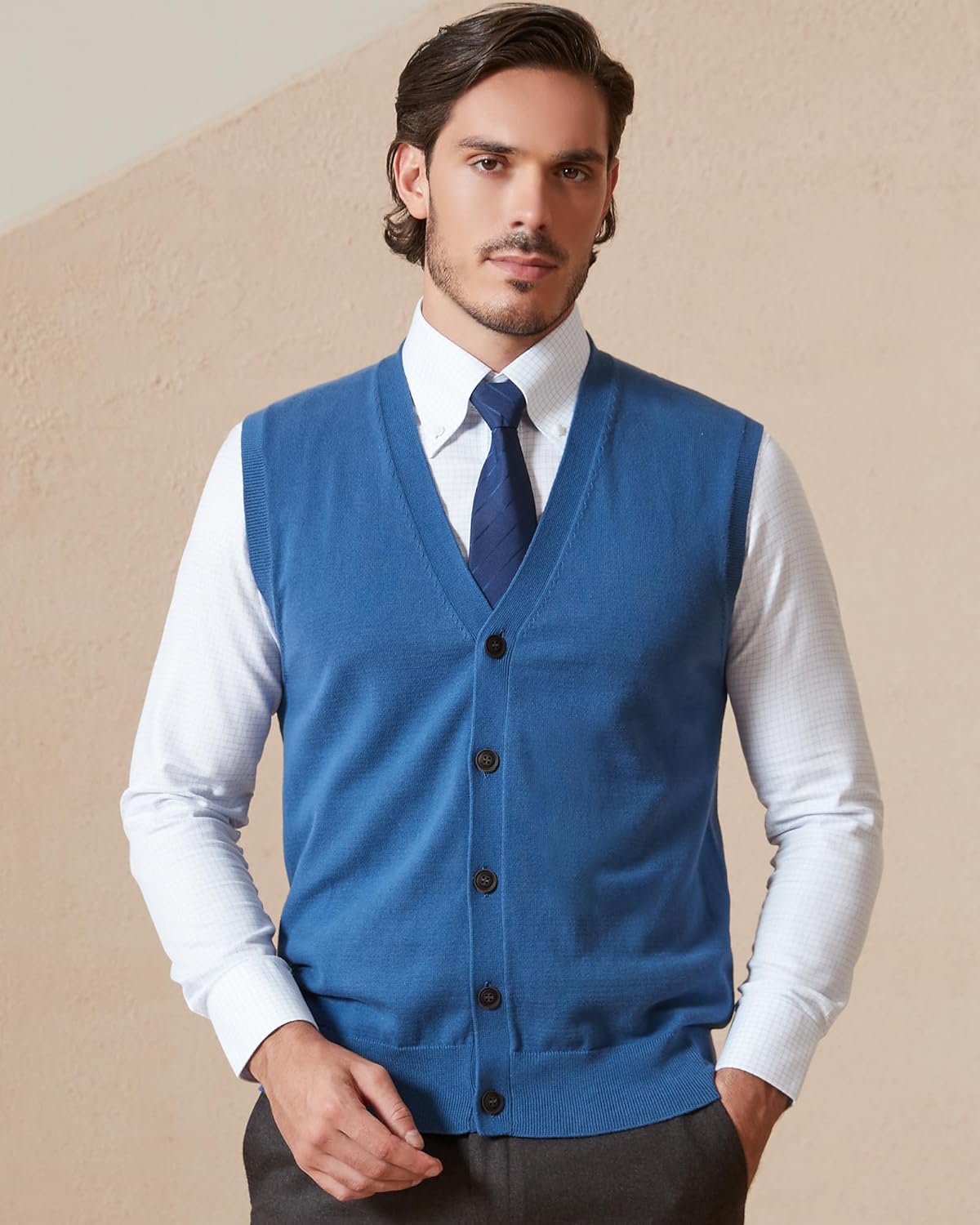 Kallspin Men’s Button Down Sweater Vest Lightweight Knitted Pure Cotton V-Neck Sleeveless Cardigans - Image 2