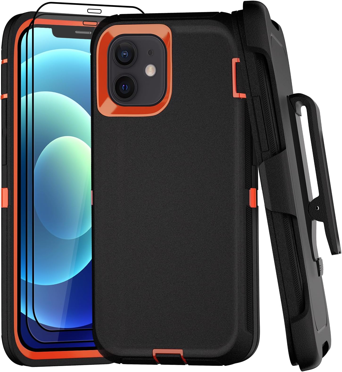 for iPhone 12 Case with Belt Clip and 2 Pack Screen Protector - Military Grade Rugged Full Body Phone Case (Black+Orange)