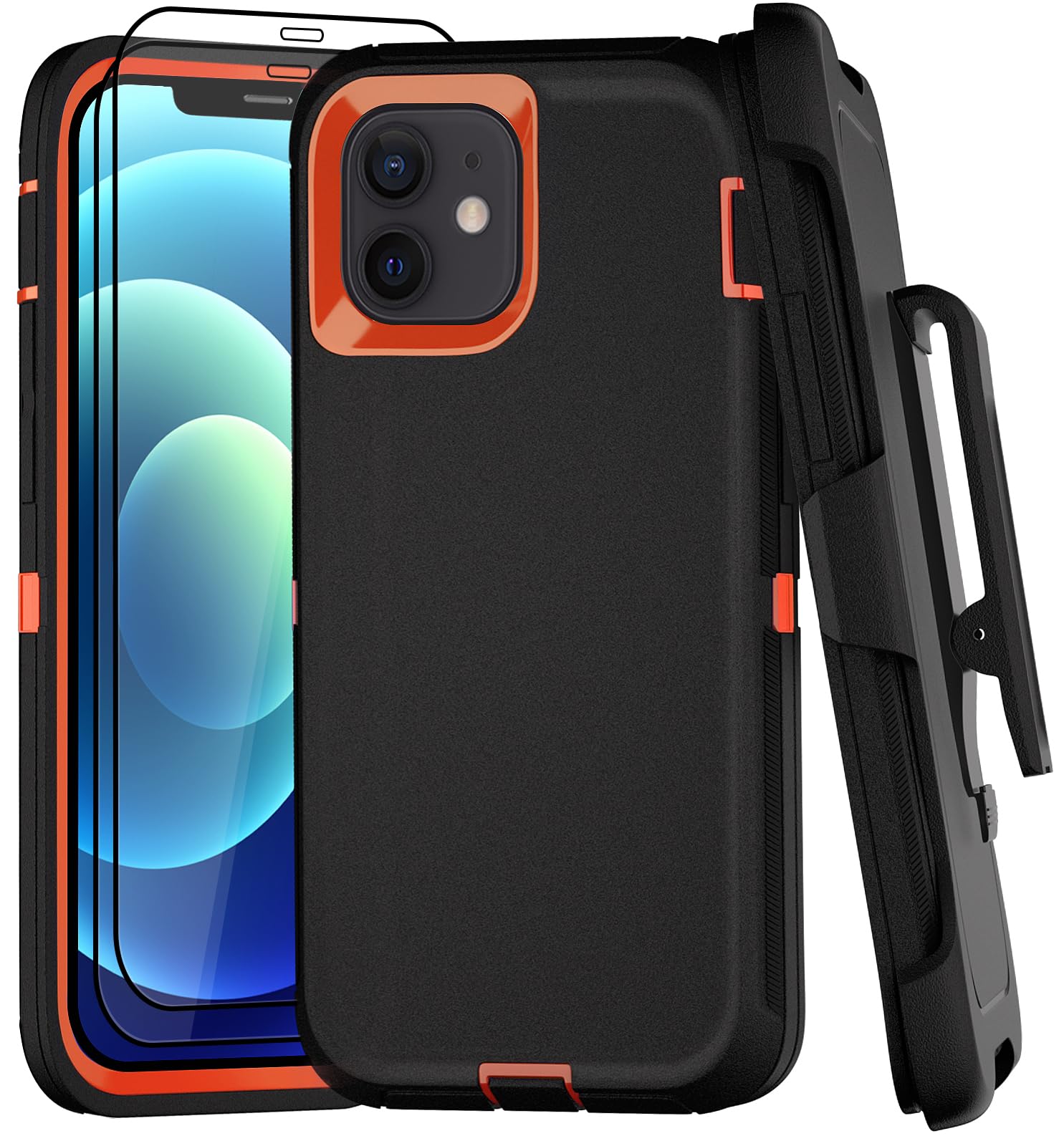 for iPhone 12 Case with Belt Clip and 2 Pack Screen Protector - Military Grade Rugged Full Body Phone Case (Black+Orange)