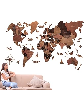 World Map for Wall, 3D Wooden Travel Map Wall Art, 39.37x23.62 inches, Home Decor Chart for Living Room, School, Caf , Apartment, Dormitory, Captivating Decoration