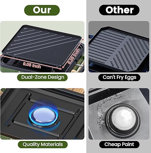 Miniatura 4 de OGERY Estufa de camping plegable de 2 quemadores con plancha (Texturada y lisa) y bolsa de transporte, estufa de campamento de propano portátil con