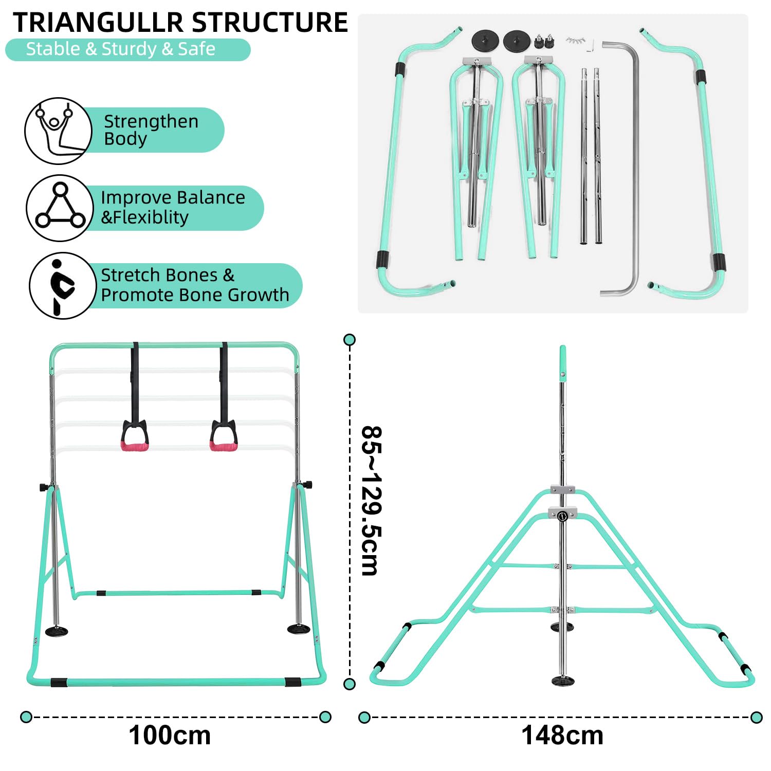 SUDOO Barra de Gimnasia Plegable con Anillos, Barra Horizontal Plegable de Altura Ajustable, Equipo de Gimnasia para jardín en casa, Barra de Entrenamiento de Gimnasia (Verde)