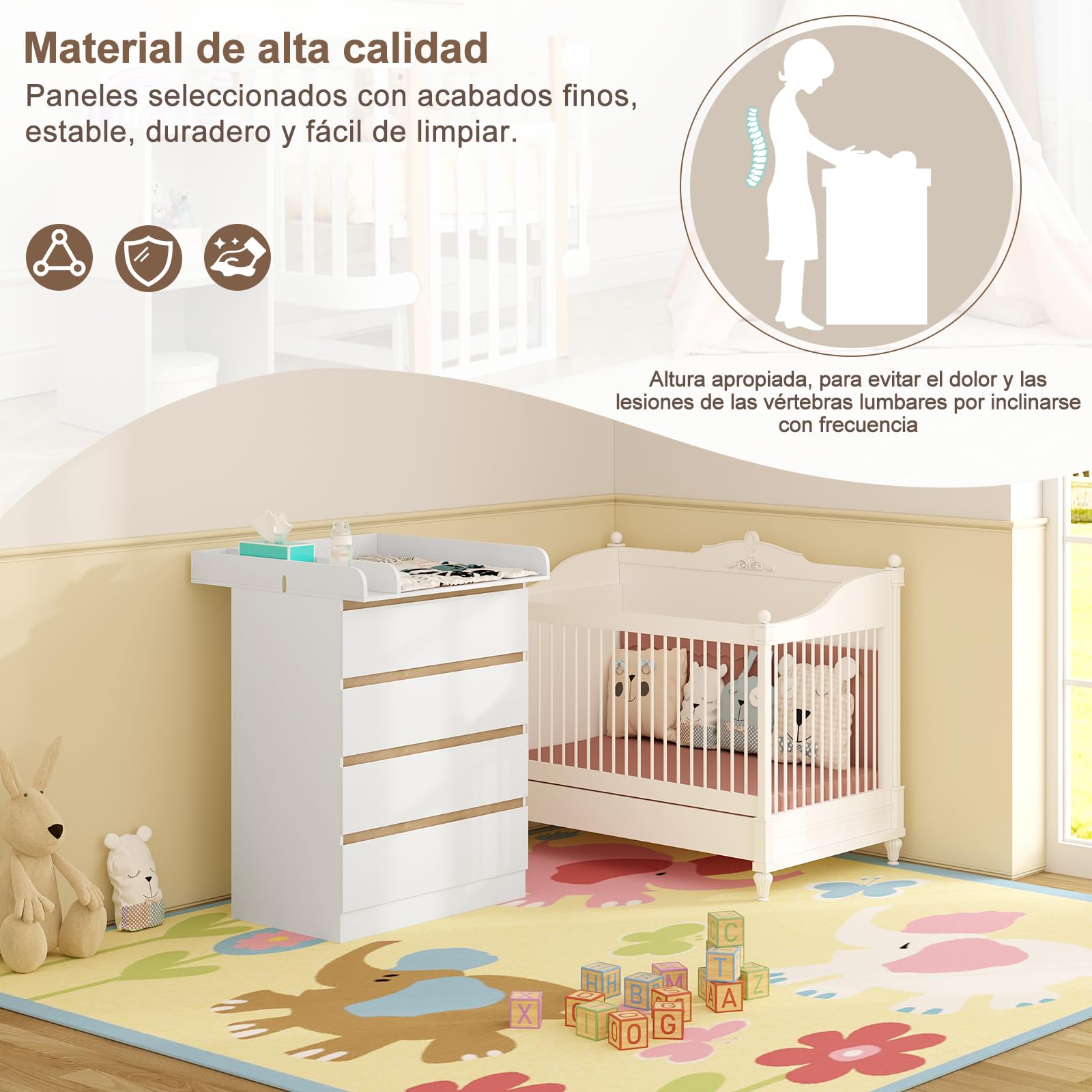 WOLTU Cambiador Bebe con 4 Cajones, Cómoda Cambiador Pañales, Cómoda para Dormitorio, Gran Almacenamiento, Fácil de Limpiar, Blanco+Roble Claro, 80x75x109,2 cm