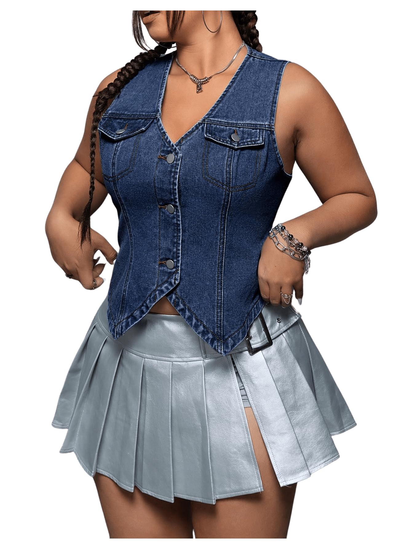 SHENHE Womens Plus Size Denim Vest V Neck Button Down Asymmetrical Y2k Jean Vest Crop Top