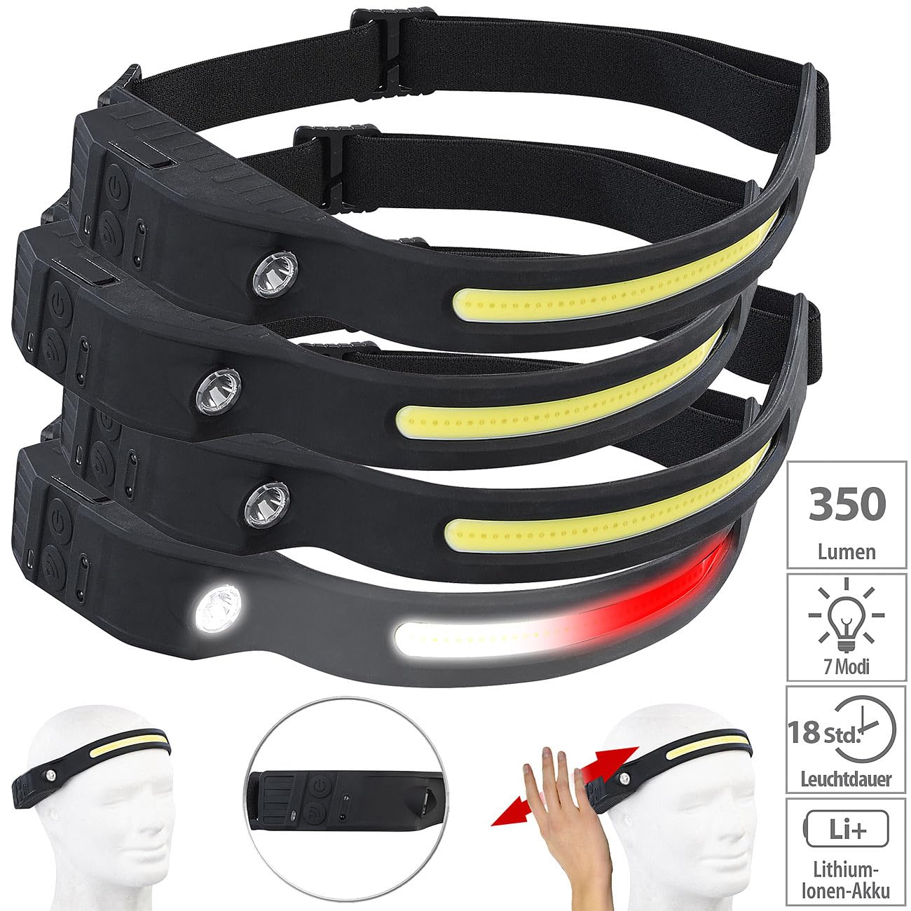 Stirnlampe Rotlicht: 4er-Set Akku-Stirnlampen, 230°-Flutlicht, COB- & SMD-LED, 500 Lumen (LED-Stirnlampe aufladbar, Stirnlampe LED Akku USB)