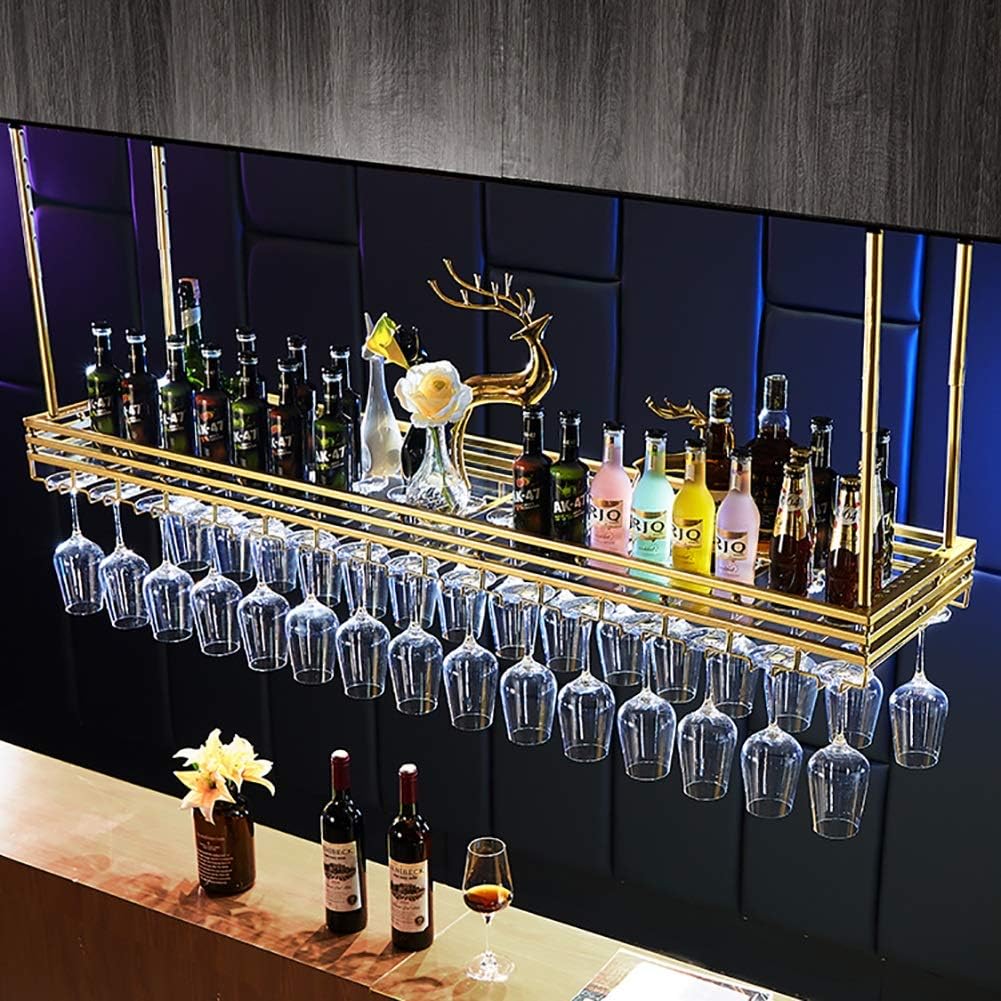 European Style Gold Ceiling Hanging Wine Glass Rack for Bars LOT Wine Bottle Holder Decoration Stemware Goblet Shelf (Size: 80 * 35cm)