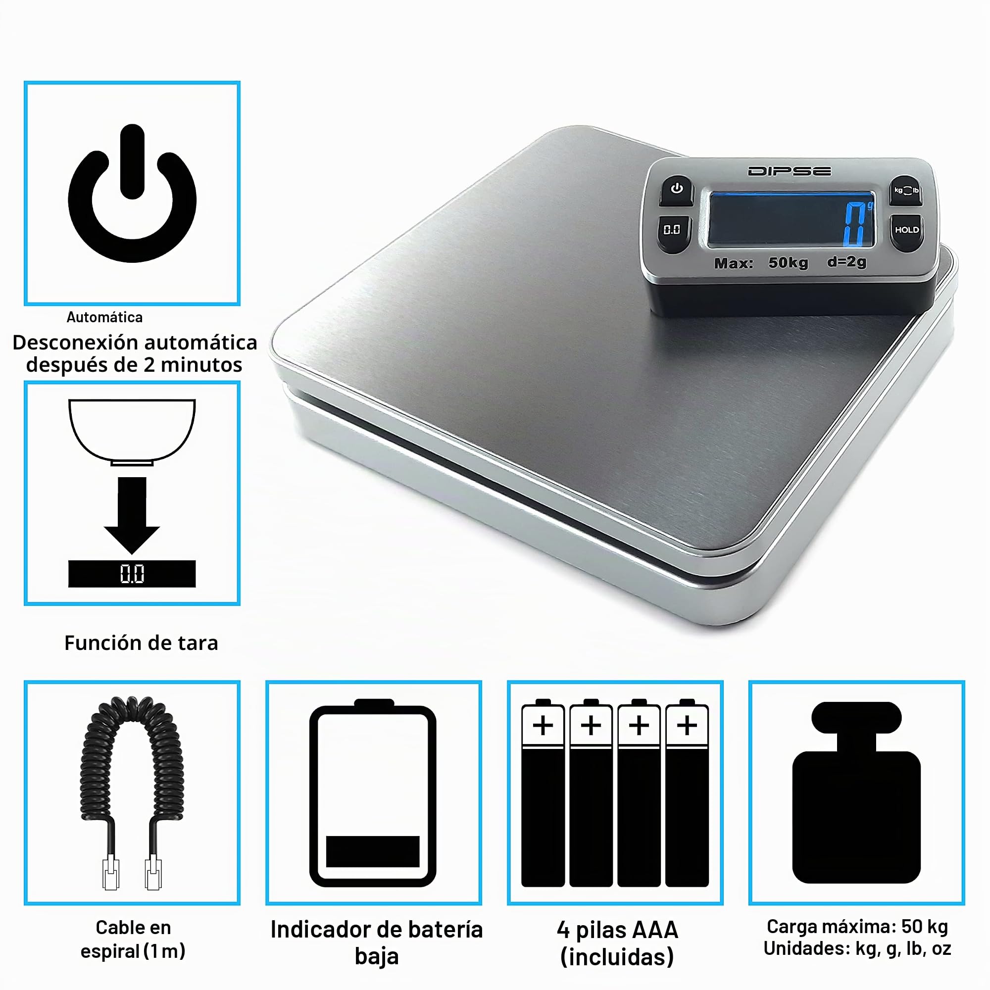 Dipse Parcel Mini – Balanza de paquetes con pantalla externa y gran potencia de pesaje 50kg x 0,002kg