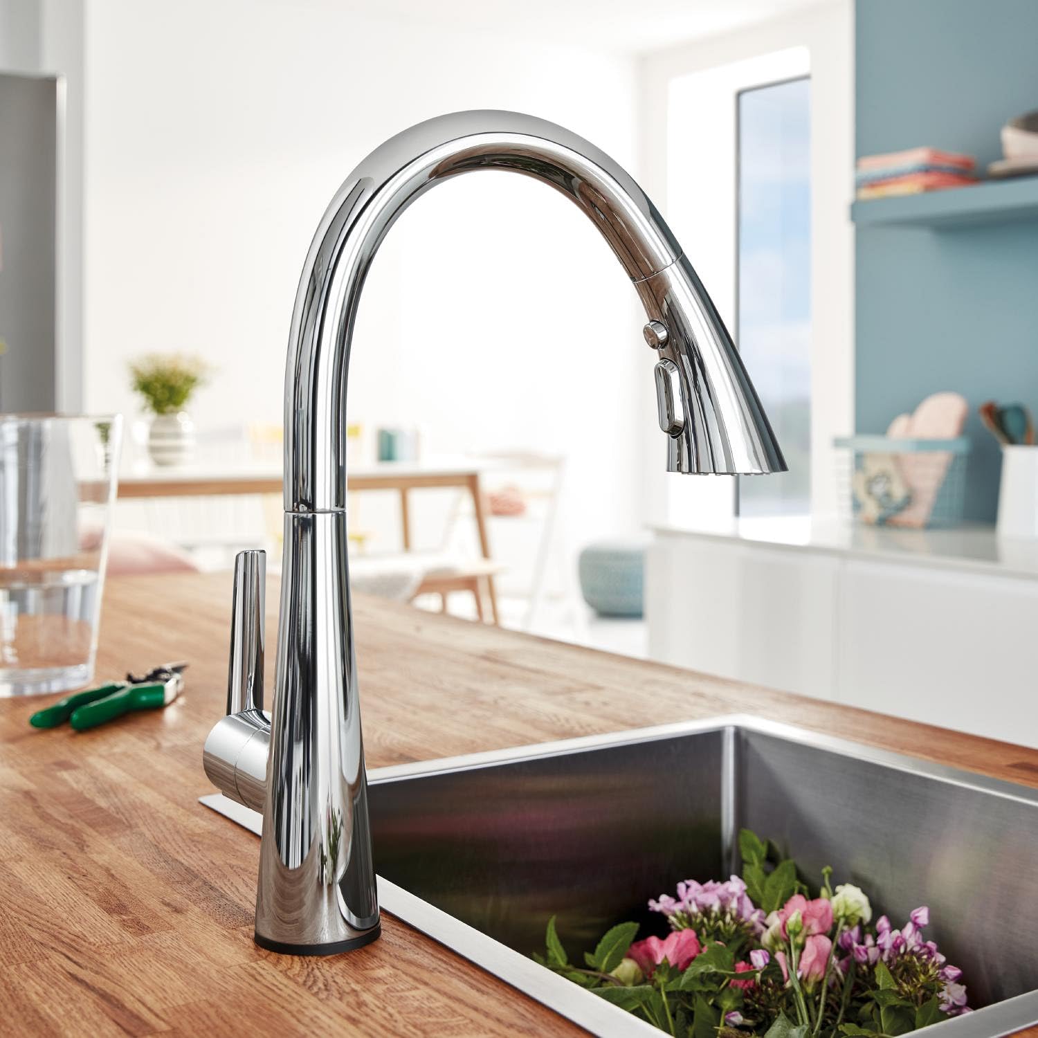 GROHE Zedra, Grifo de cocina 3 chorros (ducha extraíble, giratorio 360°, ahorro de agua con limitador de caudal variable, fácil montaje en fregadero), cromo, 32294002