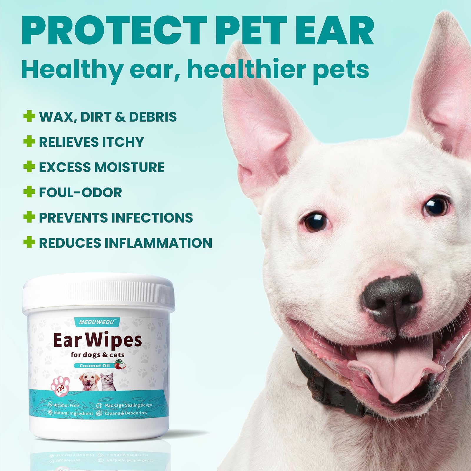 MEDUWEDU Ear Cleaner Wipes 120 Counts, Dog Ear Cleaner, Grooming Kit Care for Dogs and Cats, Soft & Easy Otic Cleaning Pads, Remove Wax, Dirt & Stop Smelly, Itchy, Non-Irritating, Coconut Scent view 2