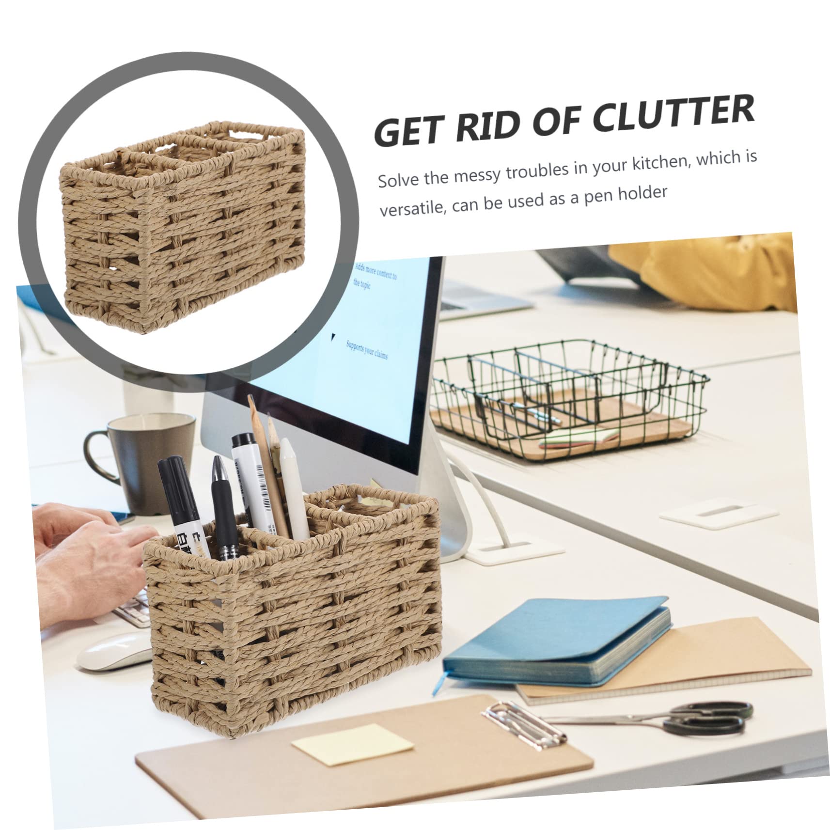 Cabilock Soporte para Cubiertos Multifunción de Papel Trenzado Beige, Organizador Compacto para Utensilios de Cocina, Porta Cubiertos Ligero para Mesas y Encimeras, Adecuado para Hogar