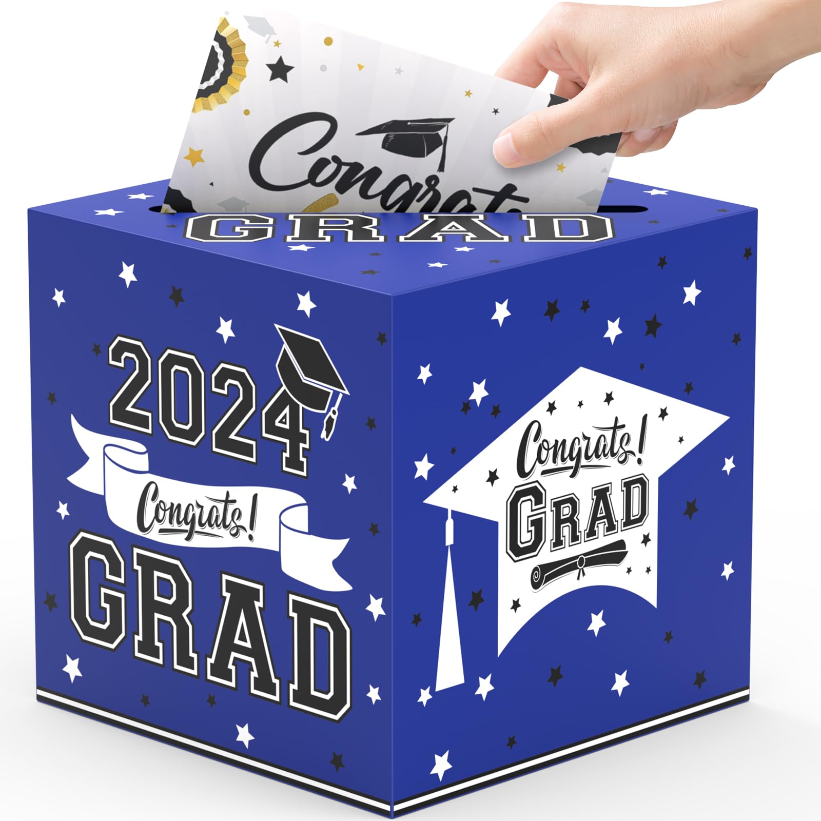 9" Graduation Card Box, Graduation Decorations class of 2024 - Congrats Grad Foldable Cardboard Graduation Money Box for 2024 Graduation Party Decoration (Blue)