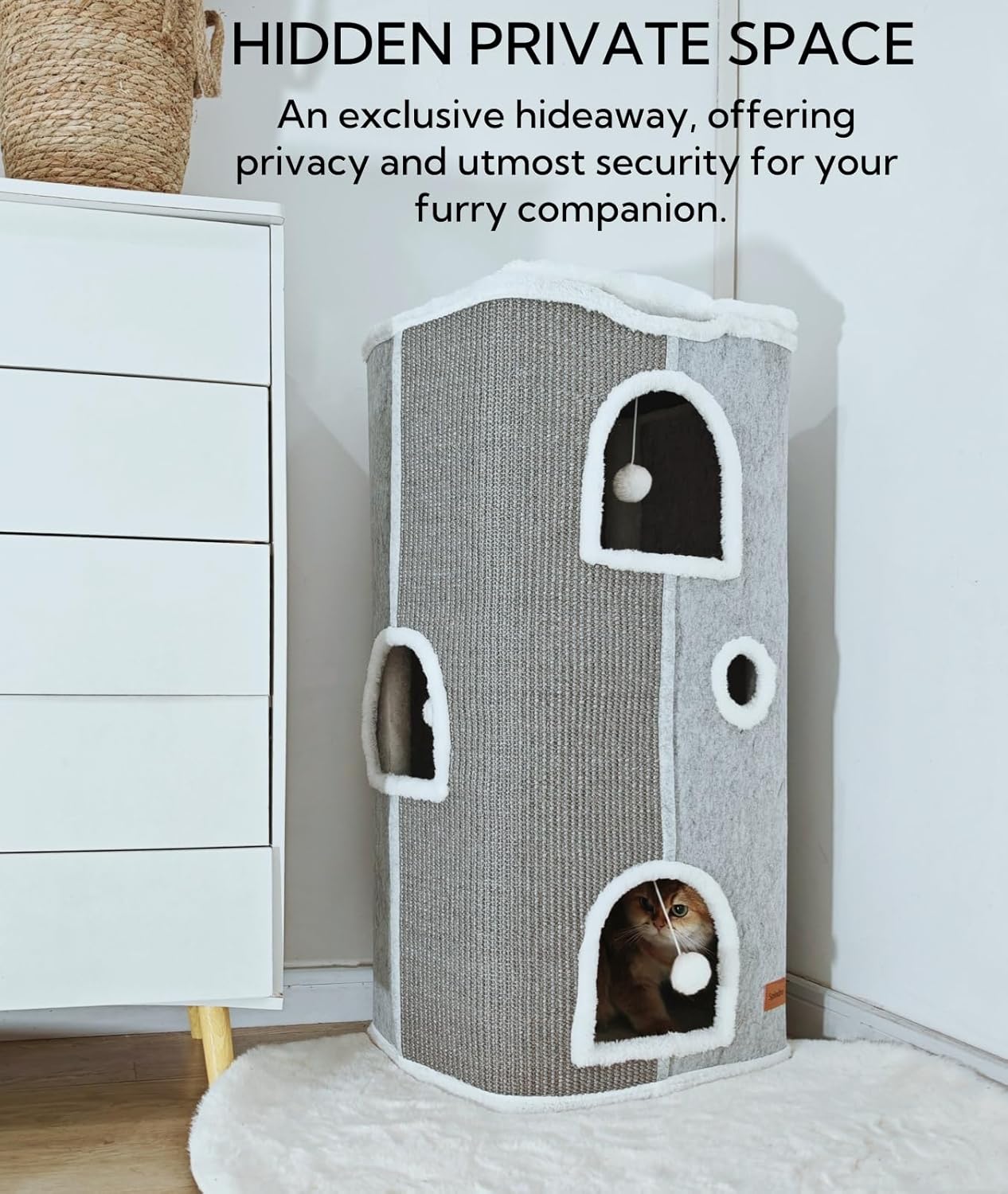 Large Cat Cave Bed for Indoor Cats, Foldable Pet House Cube with Scratch Pad, Kitten Condo Cat Hideaway Cute Hut with Soft Pillow Mat,Light Grey,17x13x33 inches