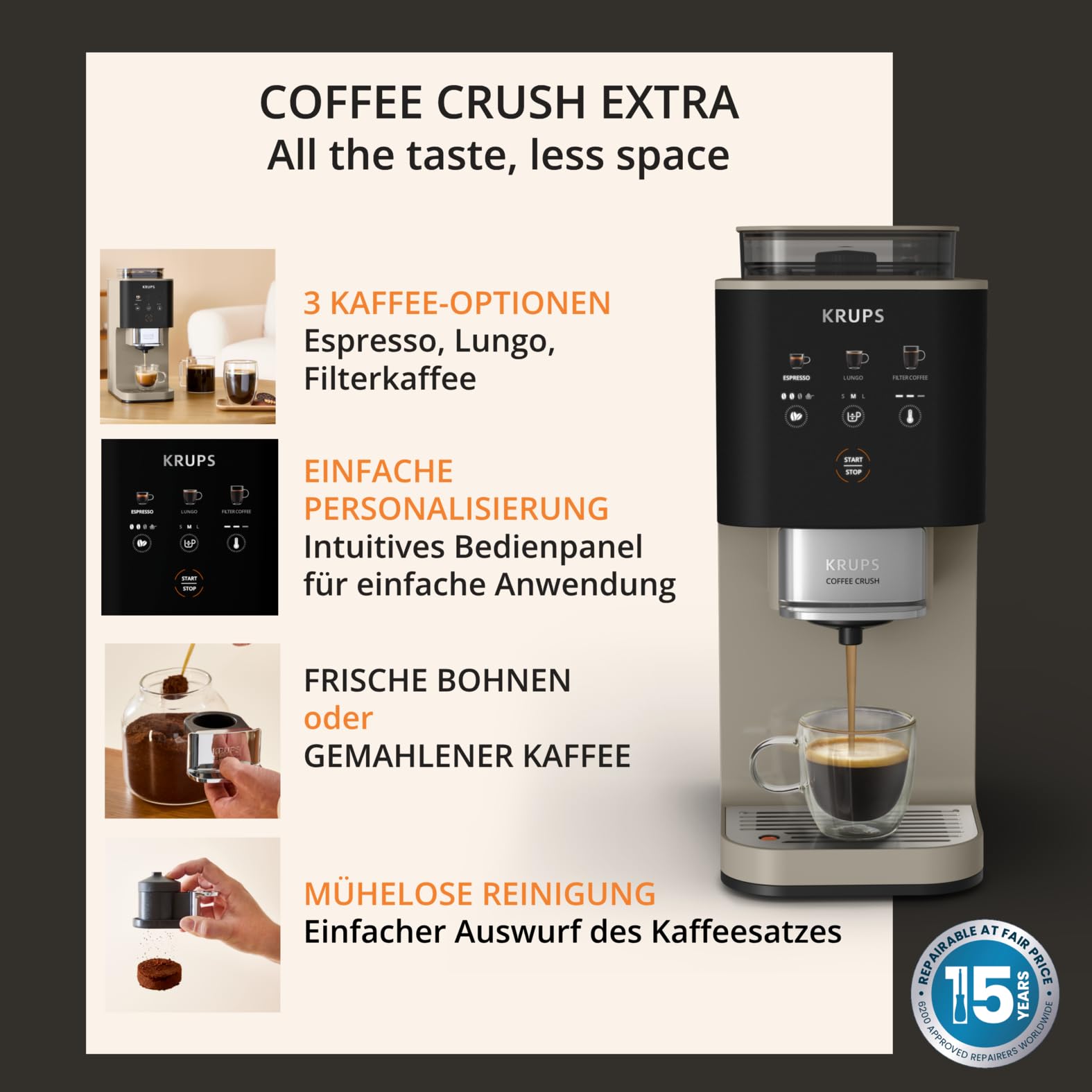 Krups Coffee Crush Extra Kaffeevollautomat, Edelstahlmühle, 15 cm breit, smartes Bedienfeld, Beige