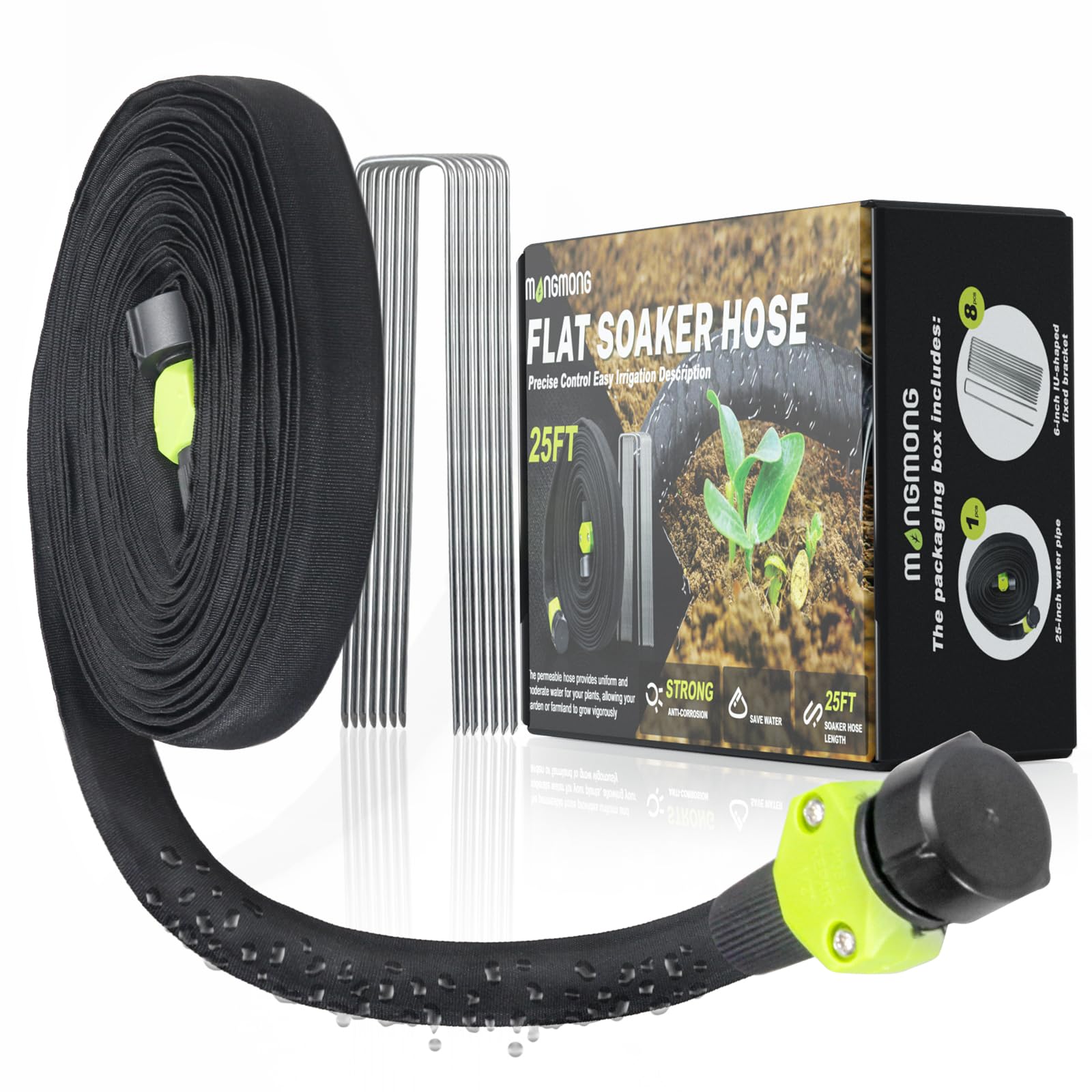 Flat Soaker Hose 25FT for Garden Beds, Flexible Double Layer Drip Irrigation System with 8 Brackets, Saving 75% Water Linkable Expandable Auto Irrigation Tubing with Holes for Lawn Outdoor Plants