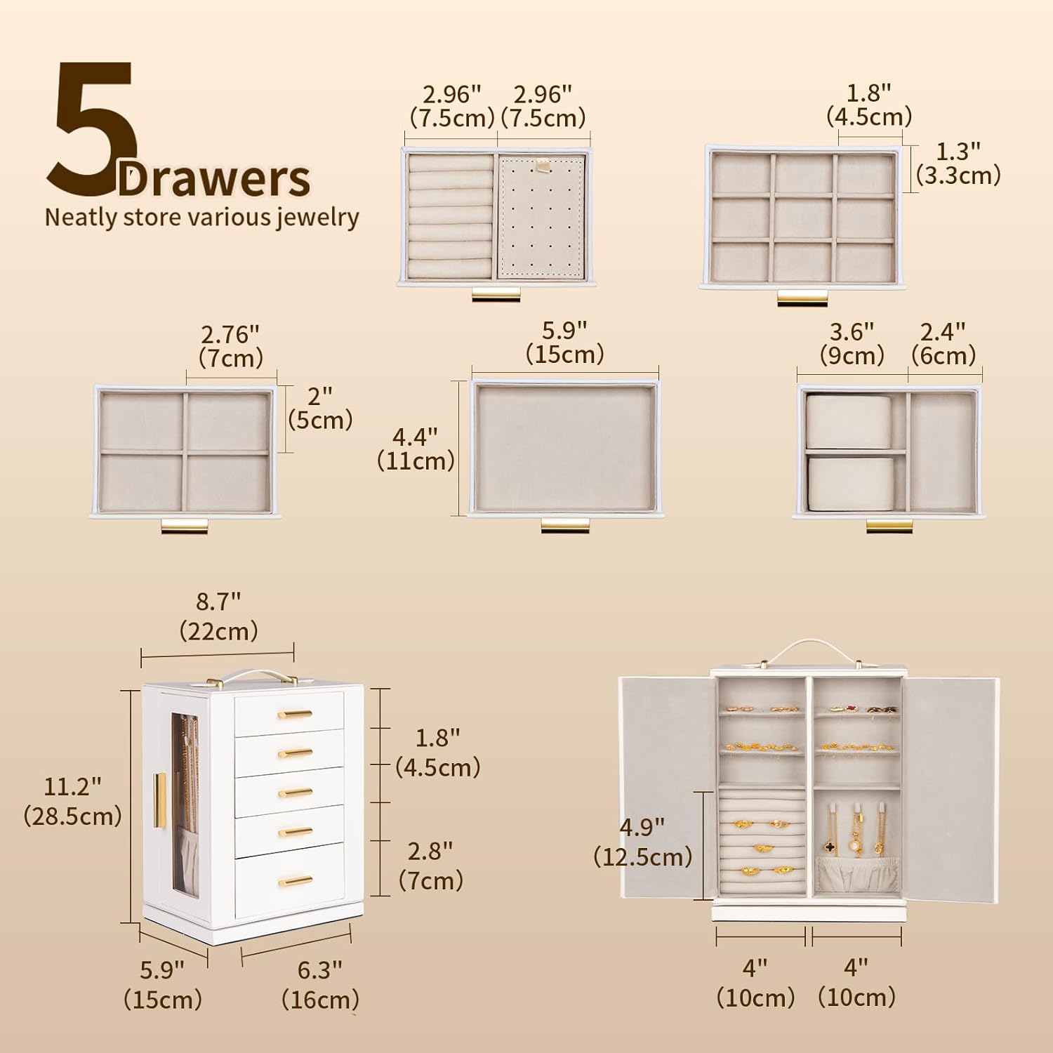 White MDF 360° Rotating Jewelry Storage Box with Glass Windows