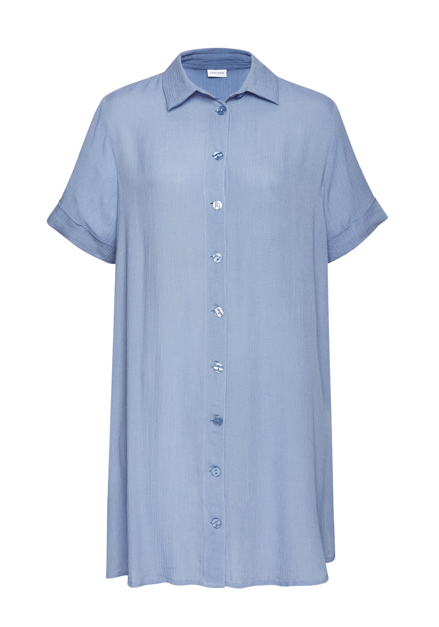 LASCANA Longbluse Damen Gr. 38 – hellblau Crêpe, Kurzarm, Knopfleiste