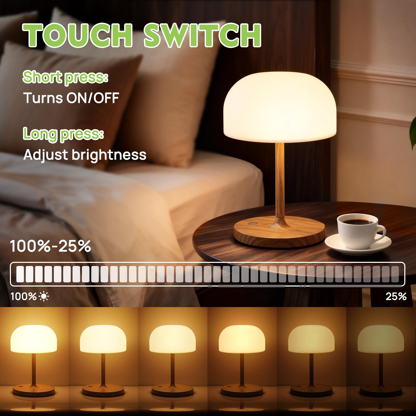Lampara de Mesita de Noche, Lámpara de Mesa Sin Cable, Luz LED Recargable con Pantalla Redonda, Iluminación Táctil Para Uso en Interiores/Exteriores Baños y Salones - Acabado en Madera