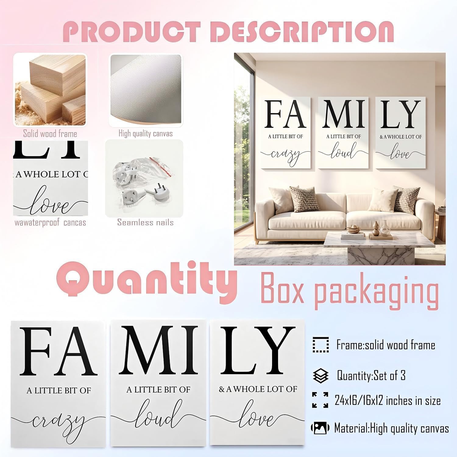 RYZopmuy Family Wall Decor, Set of 3 Black and White Framed Canvas Art image 5