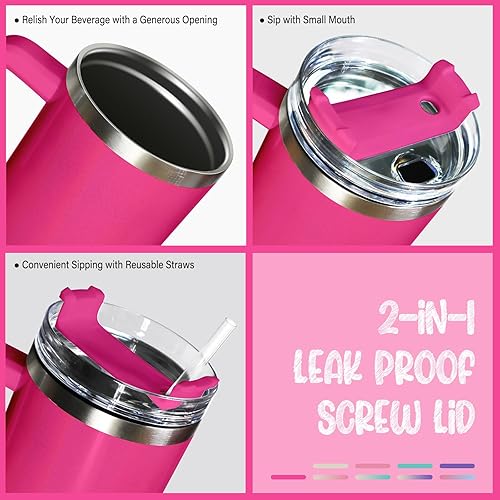 Miniatura 3 de Vaso de viaje de acero inoxidable de 40 onzas con asa, taza aislada al vacío de doble pared con tapa y popote (rosa Barbie)