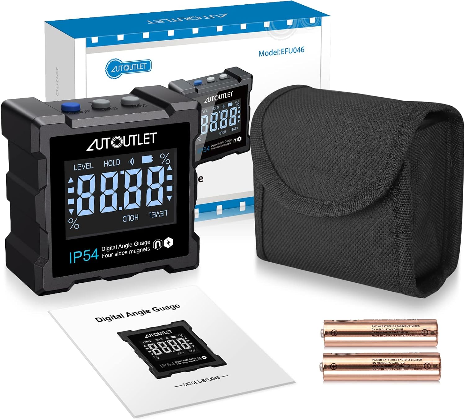 Contents of the AUTOUTLET Digital Inclinometer package, including the inclinometer, two AAA batteries, a carrying pouch, and the user manual.