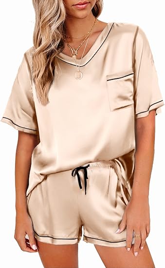 Ekouaer Satin Pajama for Women Short Sleeve Silk Pajama Set Soft Two Piece Pj Sets Silky Loungewear Nightwear, S-XXL